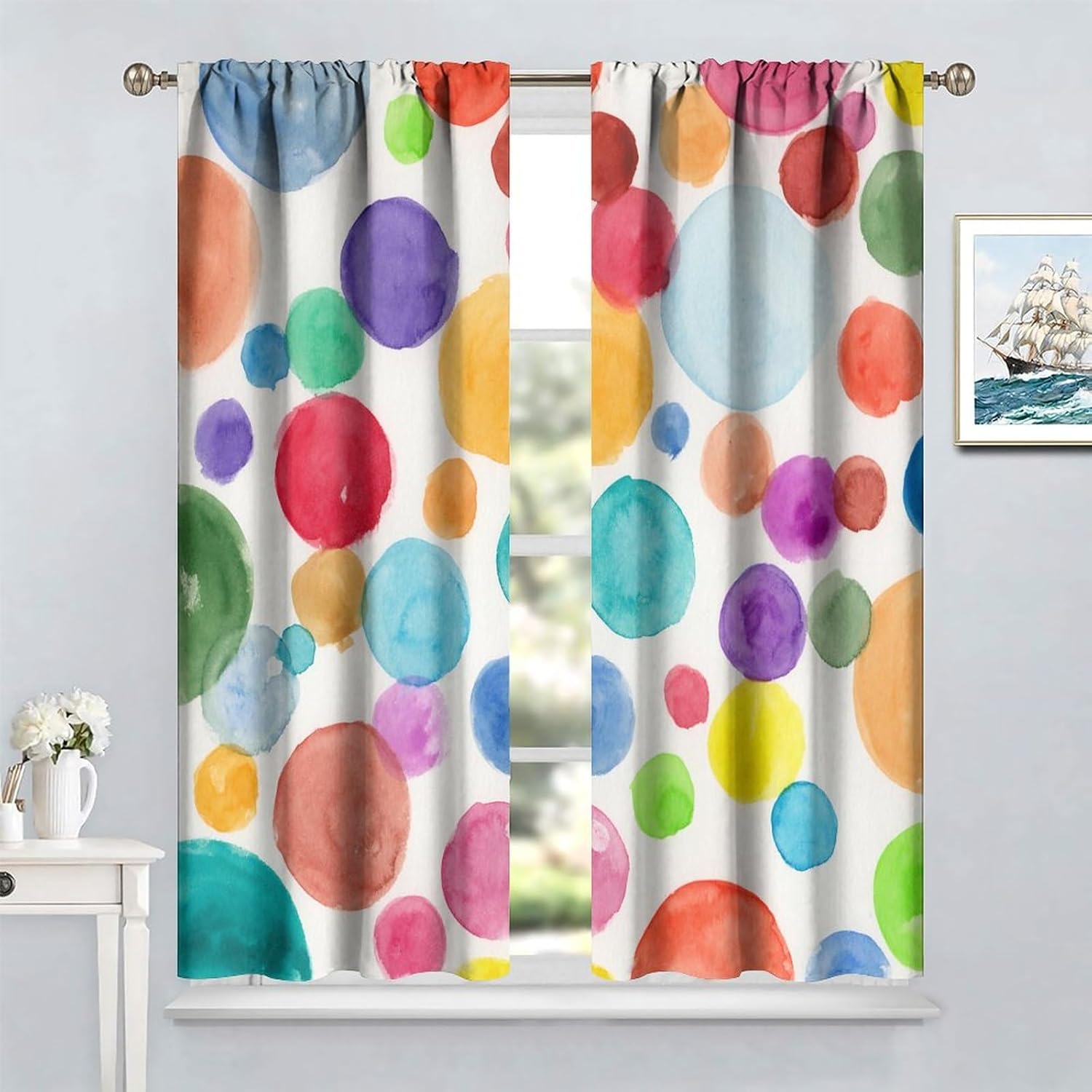 Colorful Polka Dot Curtains, Kids Watercolor Rainbow Abstract Circles Geometric Pattern Window Treatments for Children Girls Bedroom Living Room Decor 63x63in