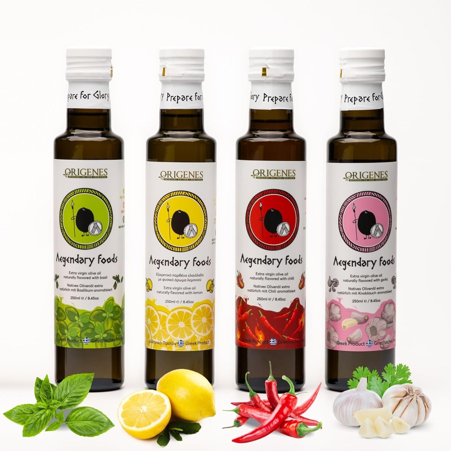 Pack of 4 Extra Virgin Flavored Olive Oil - Garlic, Chili, Lemon & Basil Infused EVOO - Cold Pressed, Polyphenol Rich EVOO, Intense Flavor Olive Oil Extra Virgin, from Laconia 4X250ml