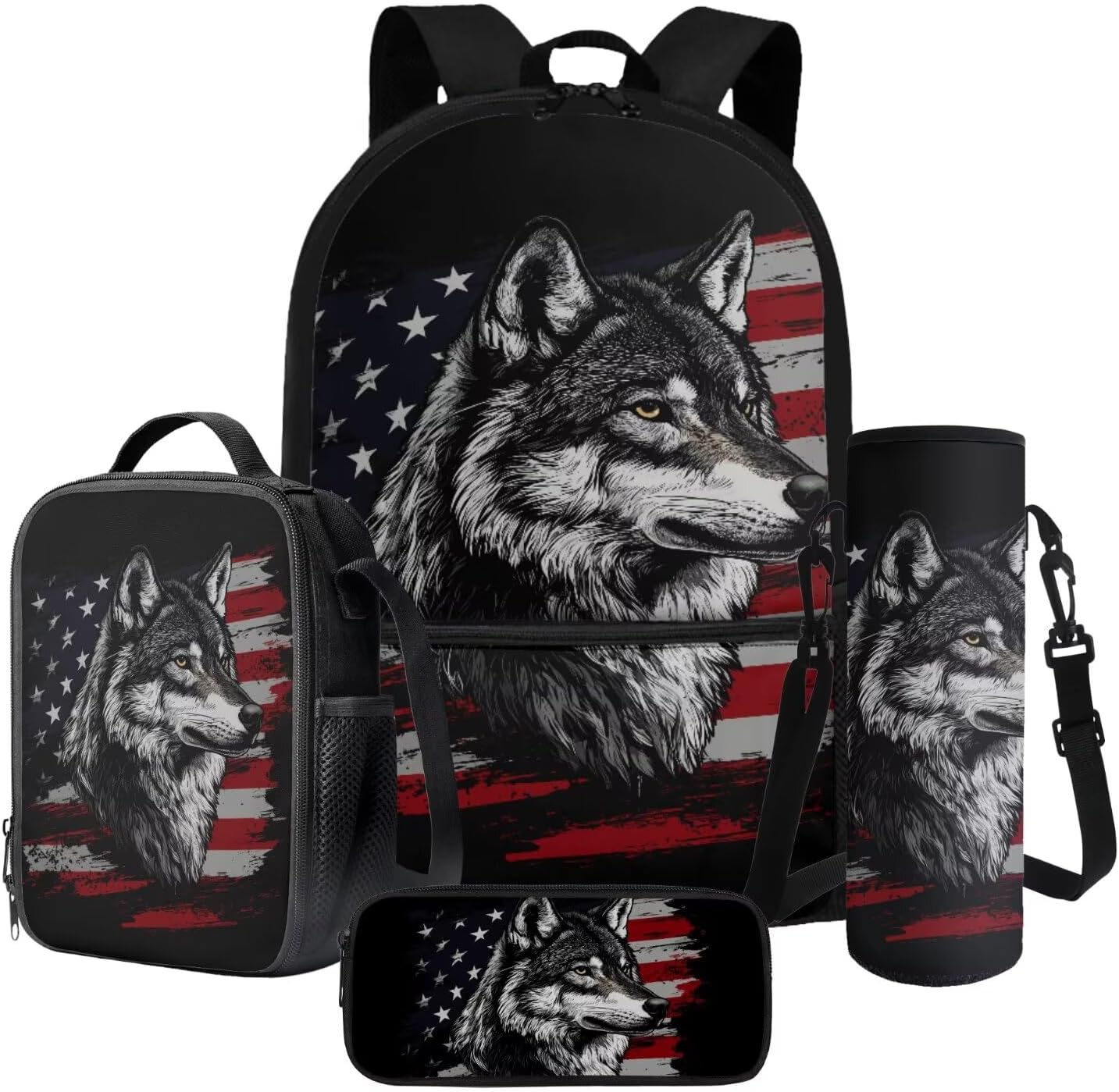 School Backpack Set for Boys Girls Fire Eagle Baseball American Flag Print 4 Pcs Set Schoolbag with Lunch Box Pencil Case Water Bottle Carrier Bag Primary Daypack Rucksack
