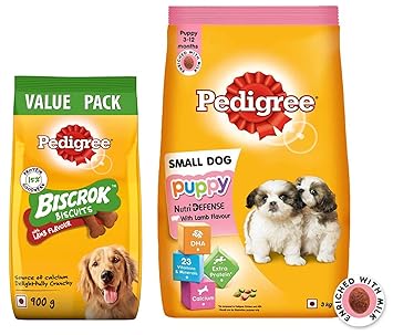 Pedigree Puppy Small Dog Dry Food, Lamb & Milk Flavour ? 3 Kg Pack & Pedigree Adult Biscrok Biscuits Dog Treat (Above 4 Months) Lamb Flavour, 900g Pack