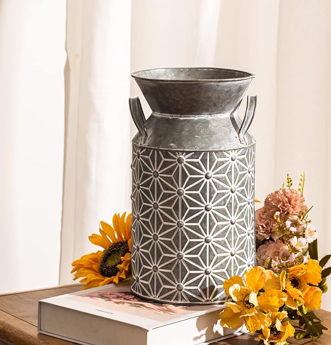 Vintage Galvanized Metal Milk Can, Farmhouse Decorative Flower Vase, Rustic French Country Milk Jug for Home Decor,10.6''H