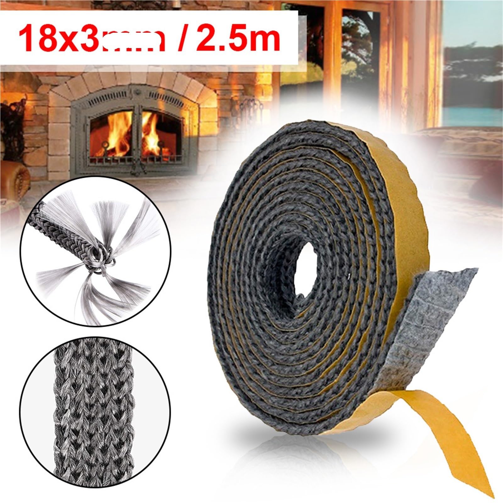Guarnizione Stufa a Legna Nastro sigillante for camino 18X3.0MM | Guarnizione autoadesiva for stufa for porta camino con corda for focolare aperto da 2,5 m