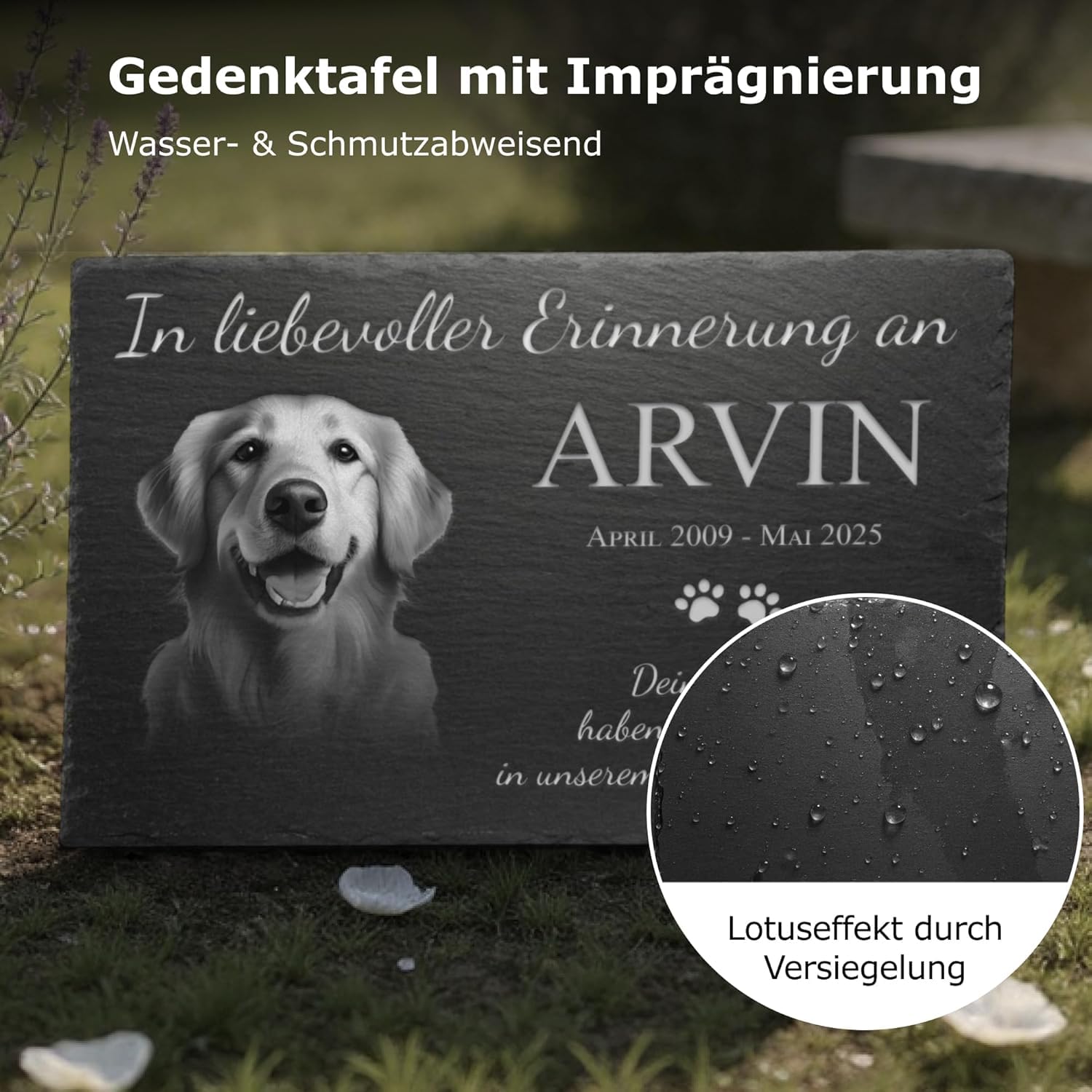Hundegrabstein aus Schiefer – Personalisierter Grabstein für Hunde mit Foto & Gravur – Wetterfeste Gedenktafel für draußen mit Namen & Wunschtext – inkl. Pfoten-Schlüsselanhänger