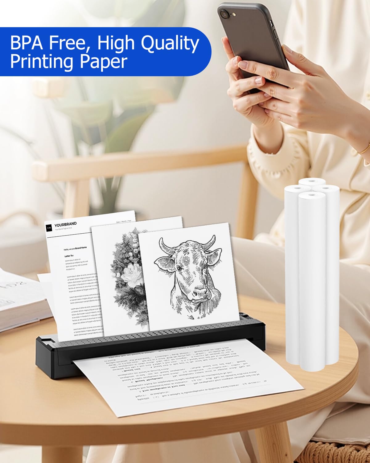 4 rolki papieru termicznego A4 do przenośnych drukarek, papier termiczny A4, 210 x 30 mm, rolka o długości 8,7 m, papier termiczny, szybkoschnący, bez BPA, papier termiczny do dokumentów, etykiet i