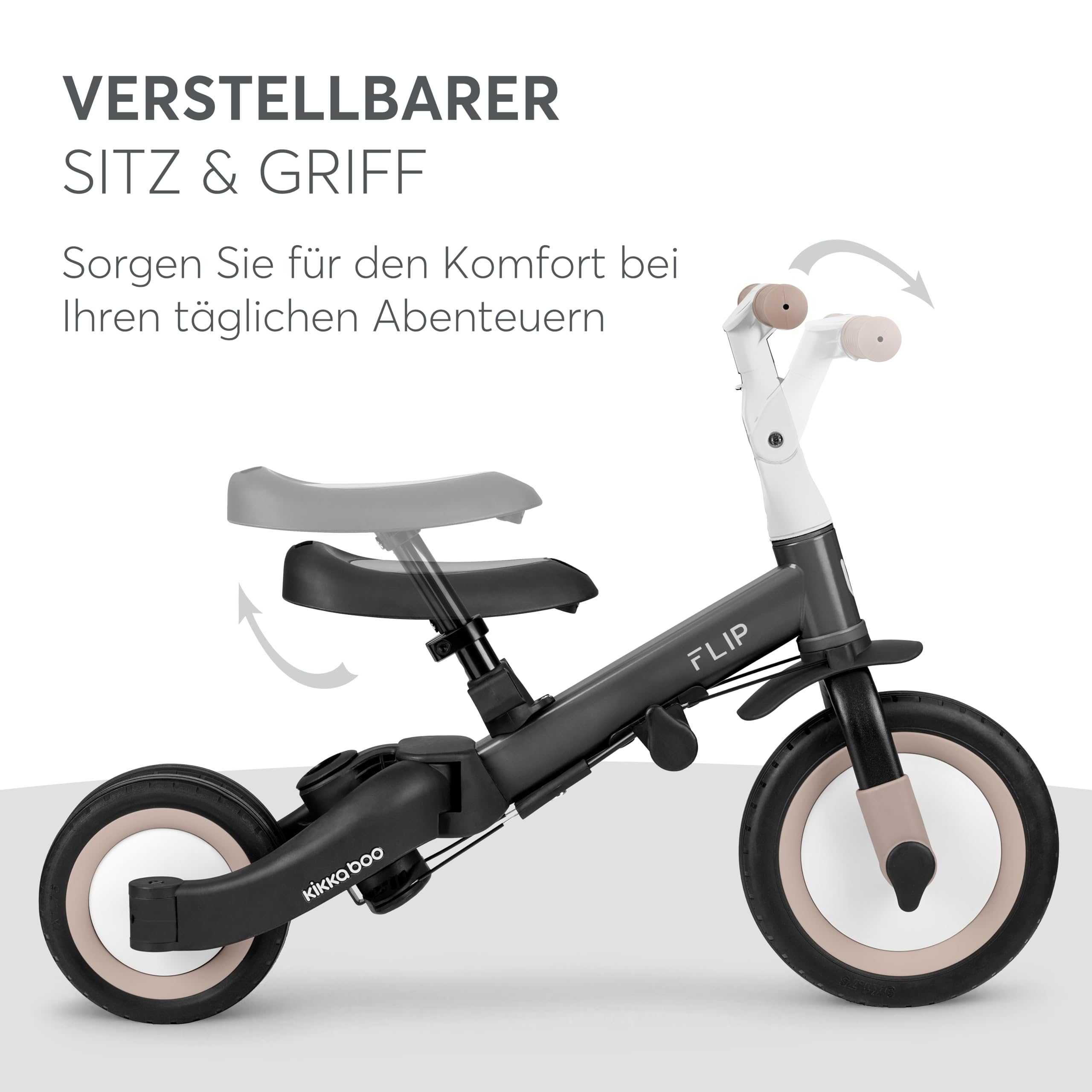 KikkaBoo FLIP Dreirad ab 1 Jahr mit Schubstange - Bis zu 5 Jahre, Laufrad 5-in-1, Umwandelbares Kinderdreirad zum Laufrad mit oder ohne Pedale, verstellbar und umbaubar, Schwarz