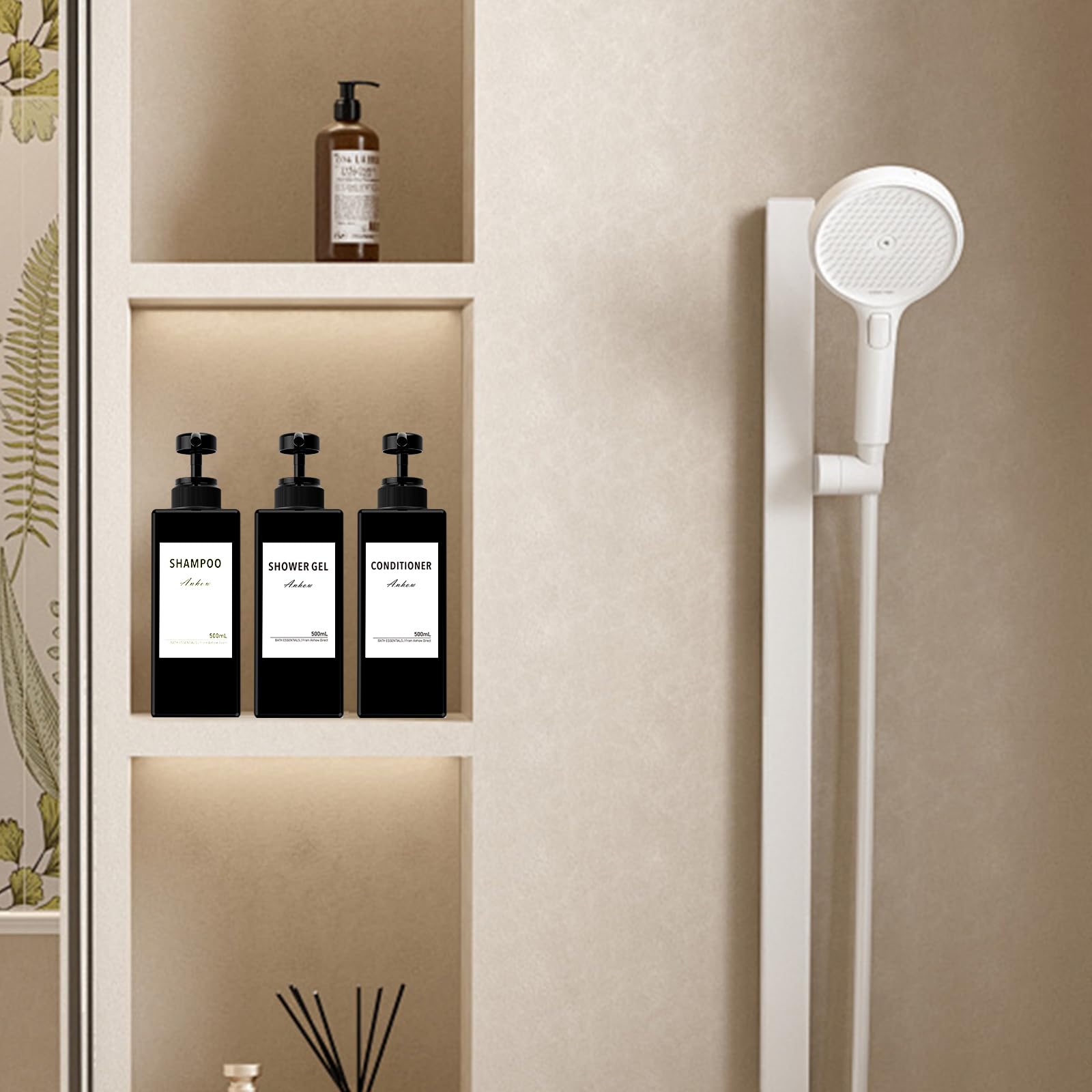 3 Pcs Dispensador de Botellas de Recargable, 500ml Dispensador Gel y Champu Ducha Contenedor de Loción con 16 Etiqueta Impermeable, para Baño, Viajes, Hoteles - Negro