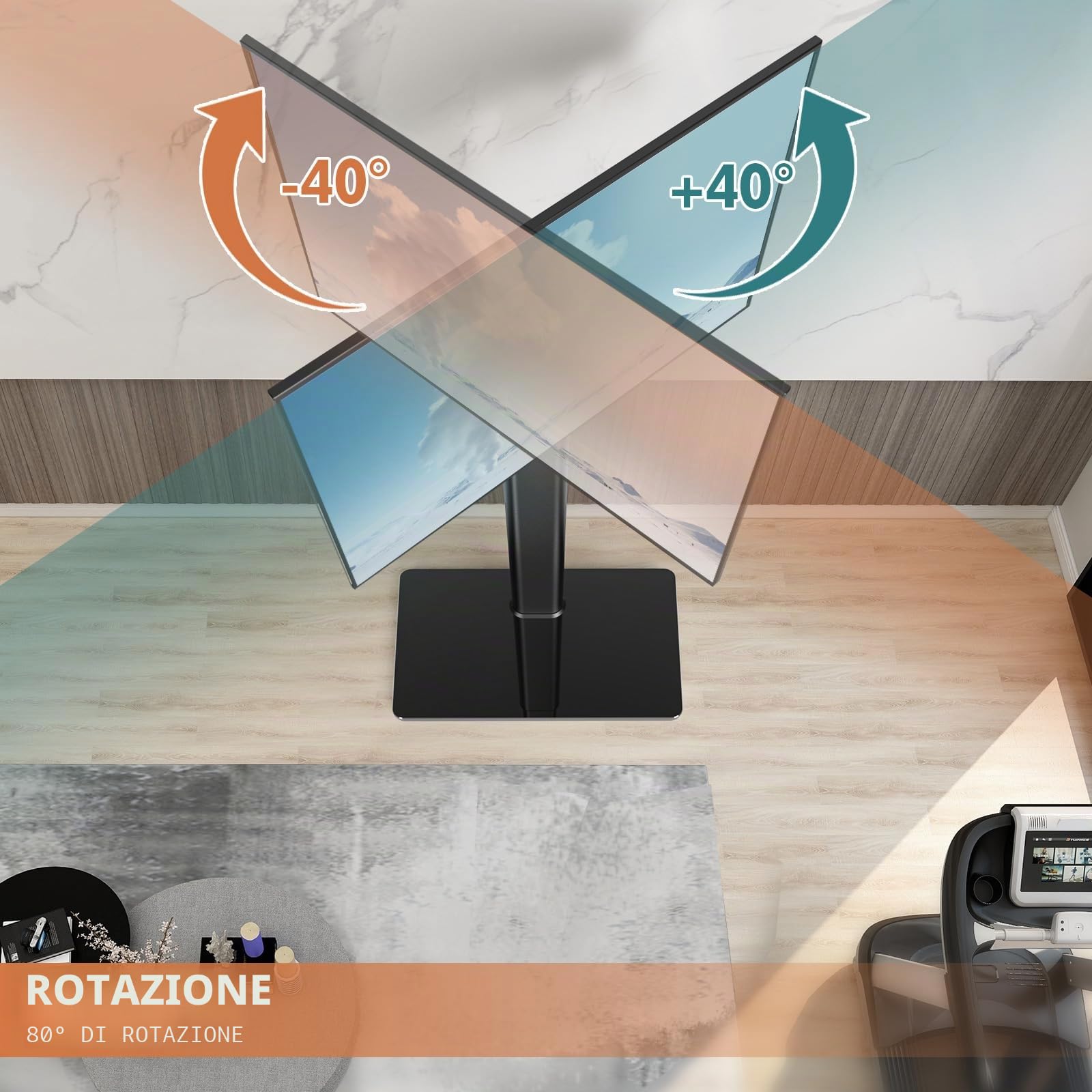 Supporto per TV universale, da pavimento, girevole a 80 gradi, regolabile in altezza e salvaspazio, adatto per televisori LCD, LED e OLED da 27-65", perfetto per angoli e camere da letto HT1002B