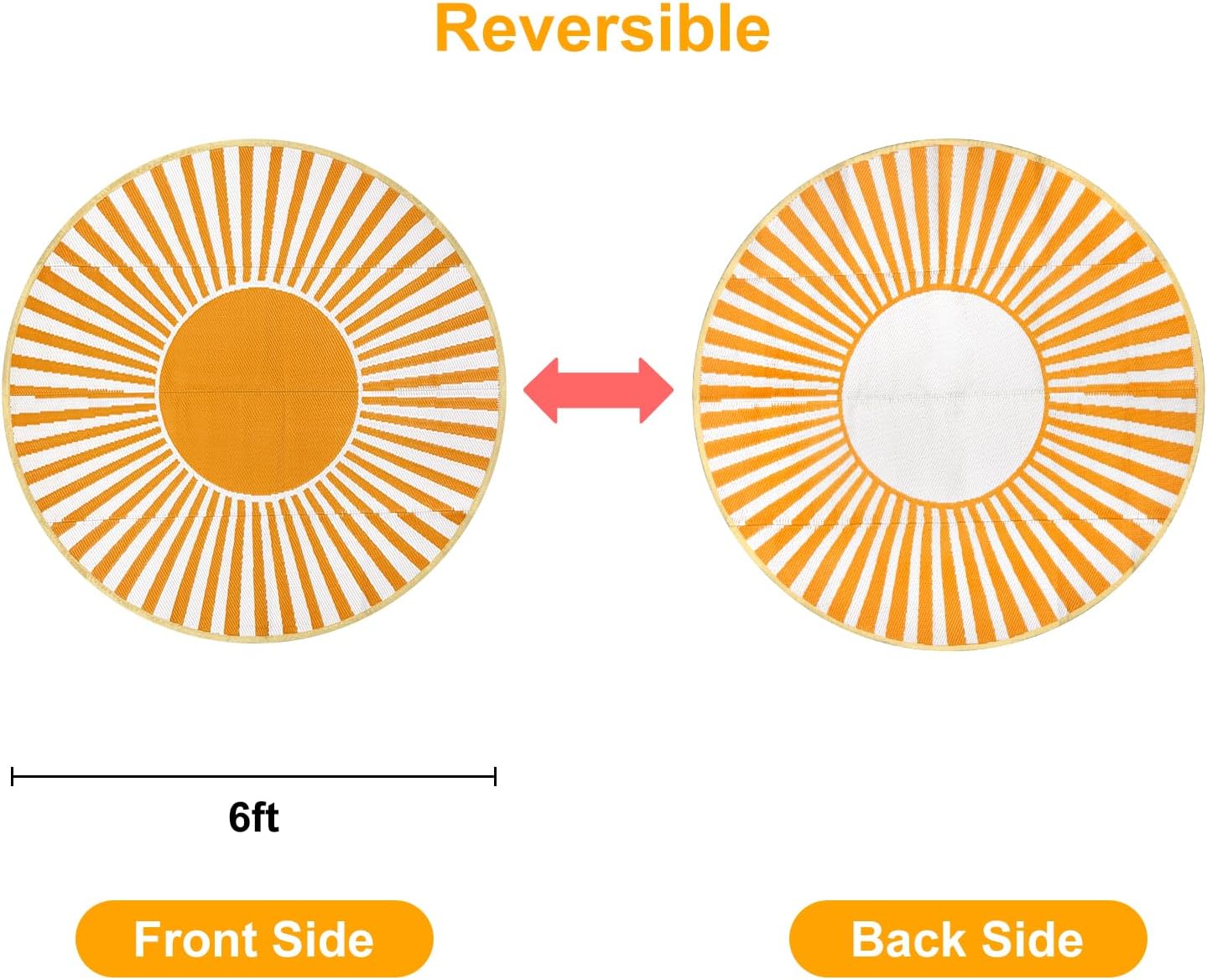 Anidaroel Round Outdoor Rugs 6ft for Patios Clearance, Waterproof Reversible Plastic Straw Patio Rug, Outside Area Rug Floor Mat for Backyard, Porch, Balcony, Pool Deck, RV Camping, Picnic(Orange,6ft)
