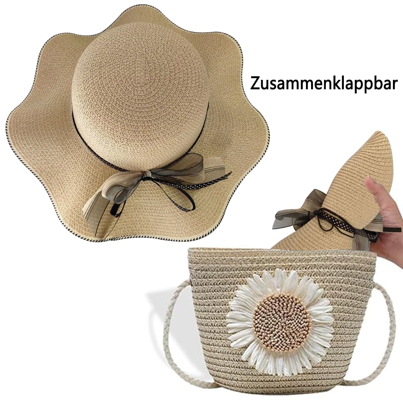 Słomkowy kapelusz damski, ochrona przed promieniowaniem UV, składany kapelusz przeciwsłoneczny, kapelusz plażowy, szerokie rondo, obwód głowy regulowany 55-60 cm, letni kapelusz na podróż