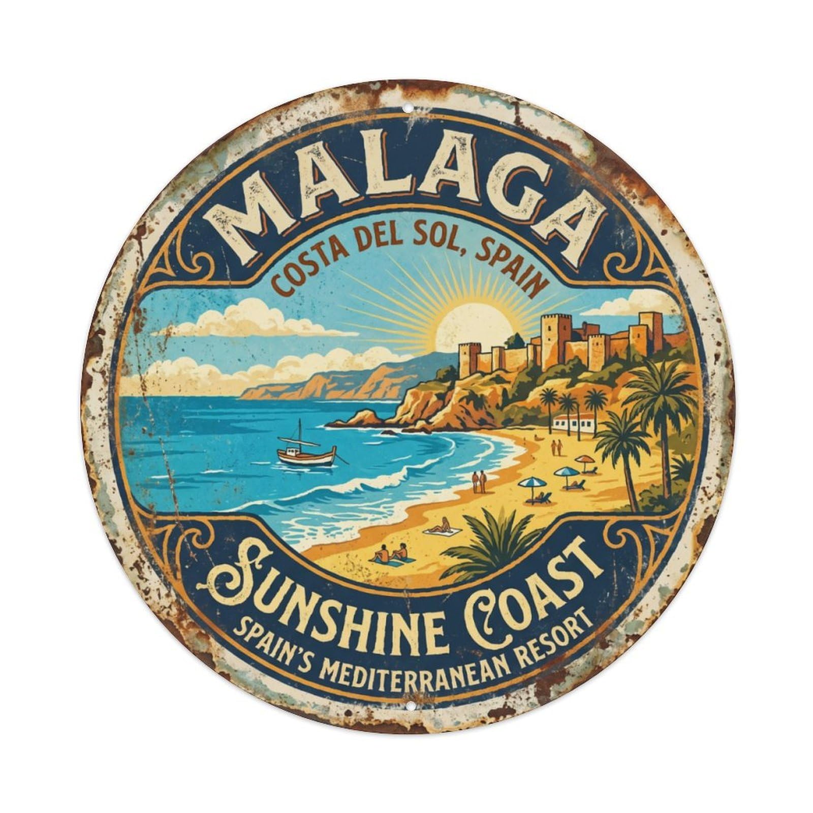 Ldfuieksufg Style Round Malaga Costa Del Sol Spain Vintage Coastal Decor Wall Plaque Vintage Aluminium Metal Sign, Retro Wall Decor For Home, Bar, Garage & Farmhouse 20X20cm