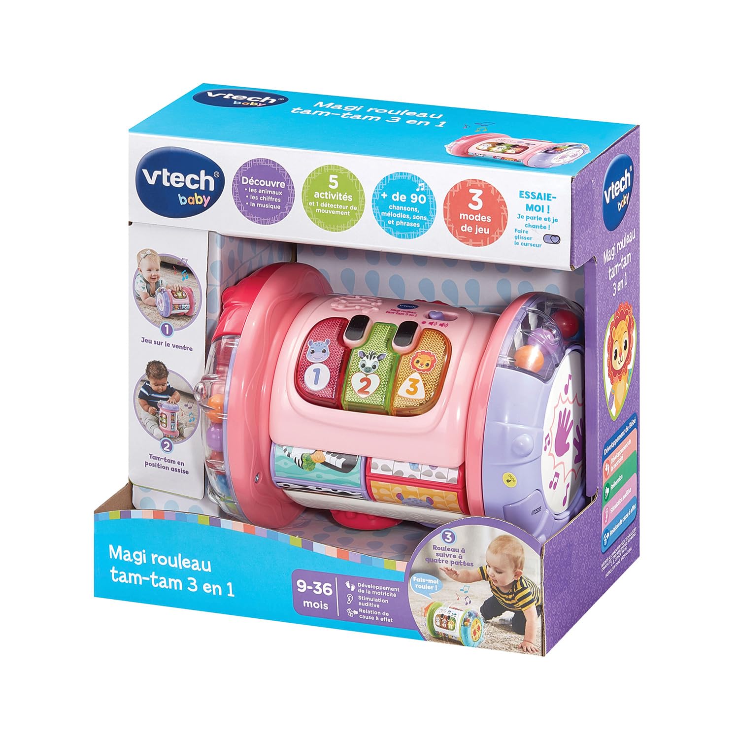 VTech - Magi Rouleau Tam-Tam 3 en 1 Rose - Jouet Musical Évolutif - Tambour Enfant Qui Roule, Motricité Bébé - Jouet d'Activité et de Développement - Cadeau Bébé Dès 9 Mois - Contenu en Français