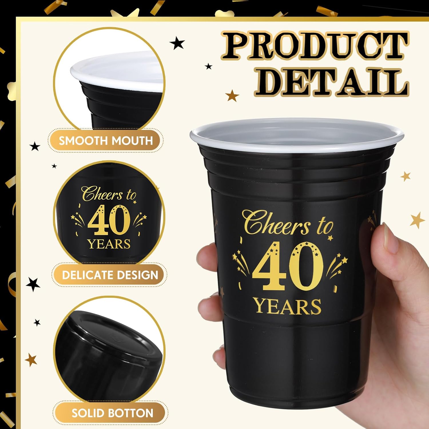 Ziliny 100 Pcs 40th Birthday Cups Bulk, Cheers to 40 Years 16 oz Disposable Plastic Cups for Men Women 40th Birthday Wedding Anniversary Party Favors Decoration Black Gold Hot Cold Drinks Supplies
