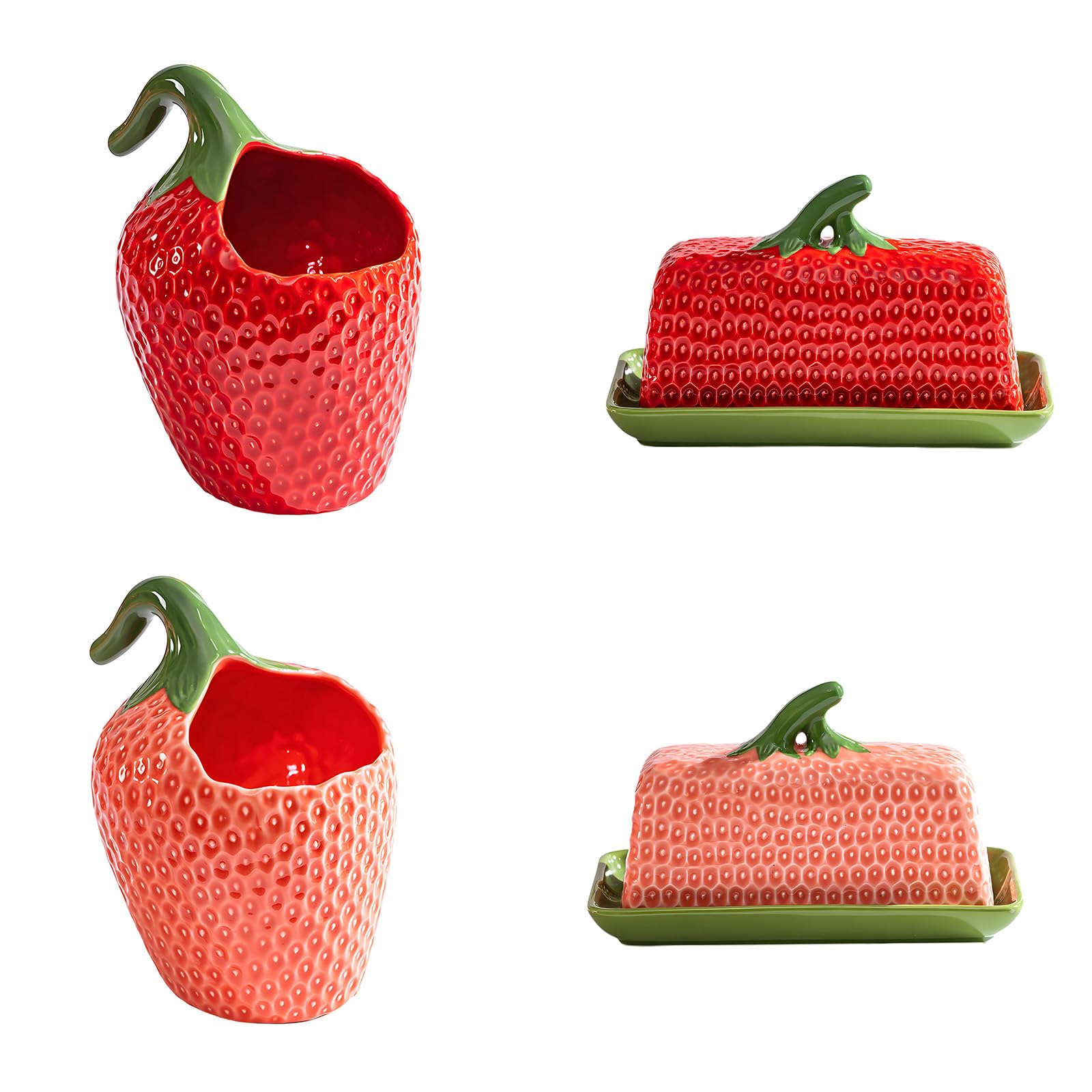 Contenedor de mantequilla con acento de de cerámica, textura de fruta elevada, forma de fresa brillante para estación de café, decoración de cocina de cerámica, contenedor de encimera de fresa,