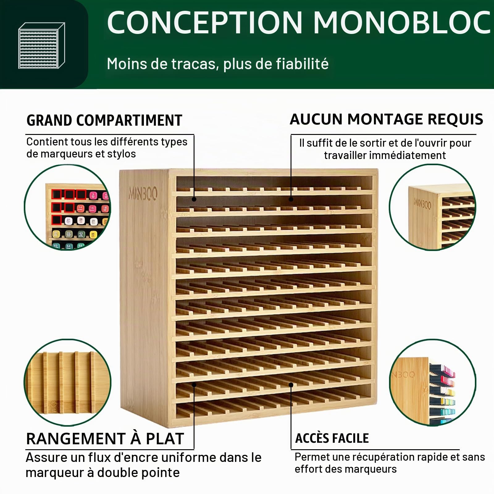 MinBoo Organiseur pour 144 marqueurs, fournitures d'art en bambou, marqueurs artistiques, stylos, crayons de couleur, pinceaux, organisateur de papeterie pour la maison, la salle de classe, le bureau,