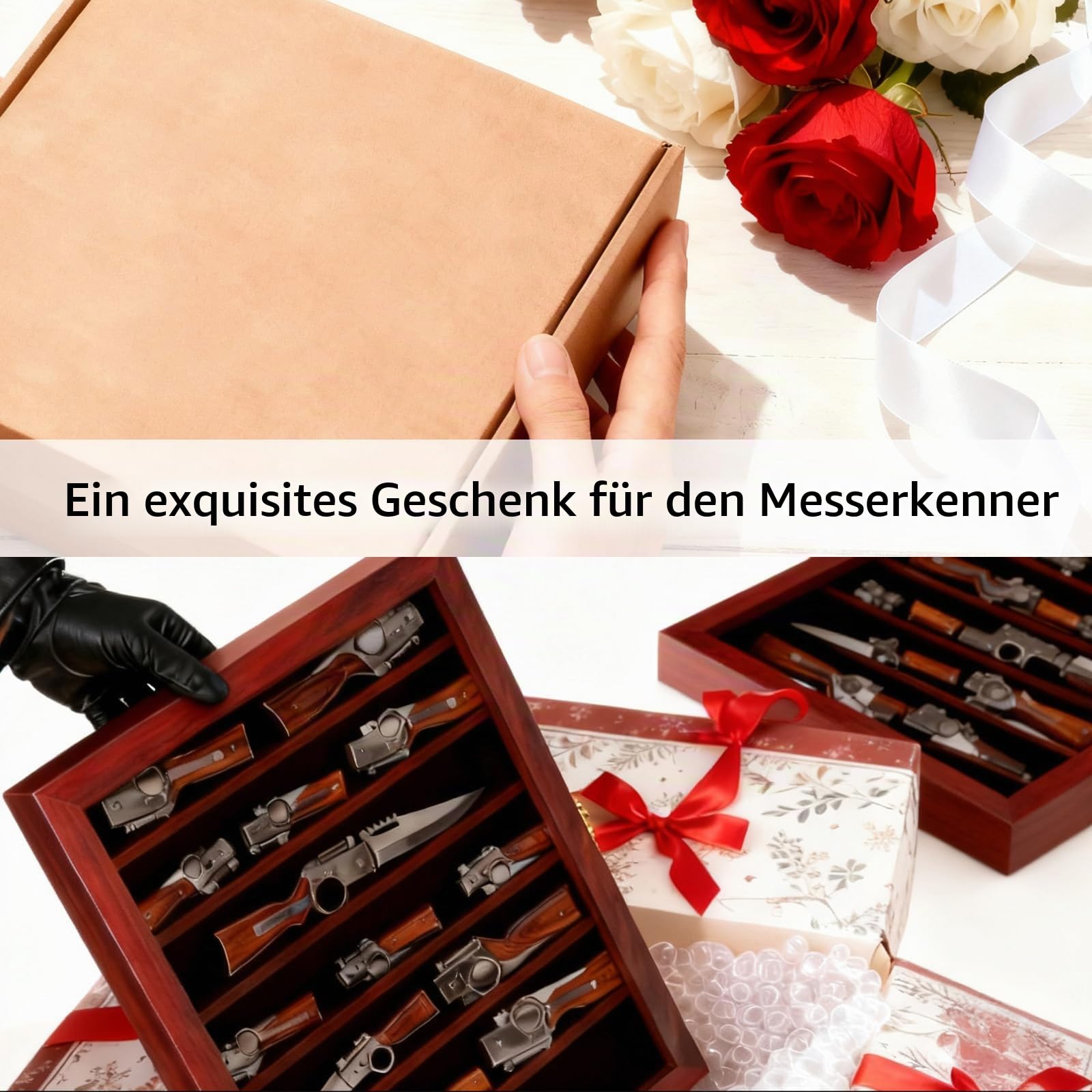Grintus Taschenmesser-Vitrine 7-stöckige Messersammlung Display Box für Wand Klappmesser Schrank mit UV-Schutz Acryl abschließbar groß Mahagoni | Wandhalterung Holzrahmen Messerschrank Gold Diebstahlsicherung Filzfutter UV-Schutz Acryl 7 Abnehmbare Anti-R