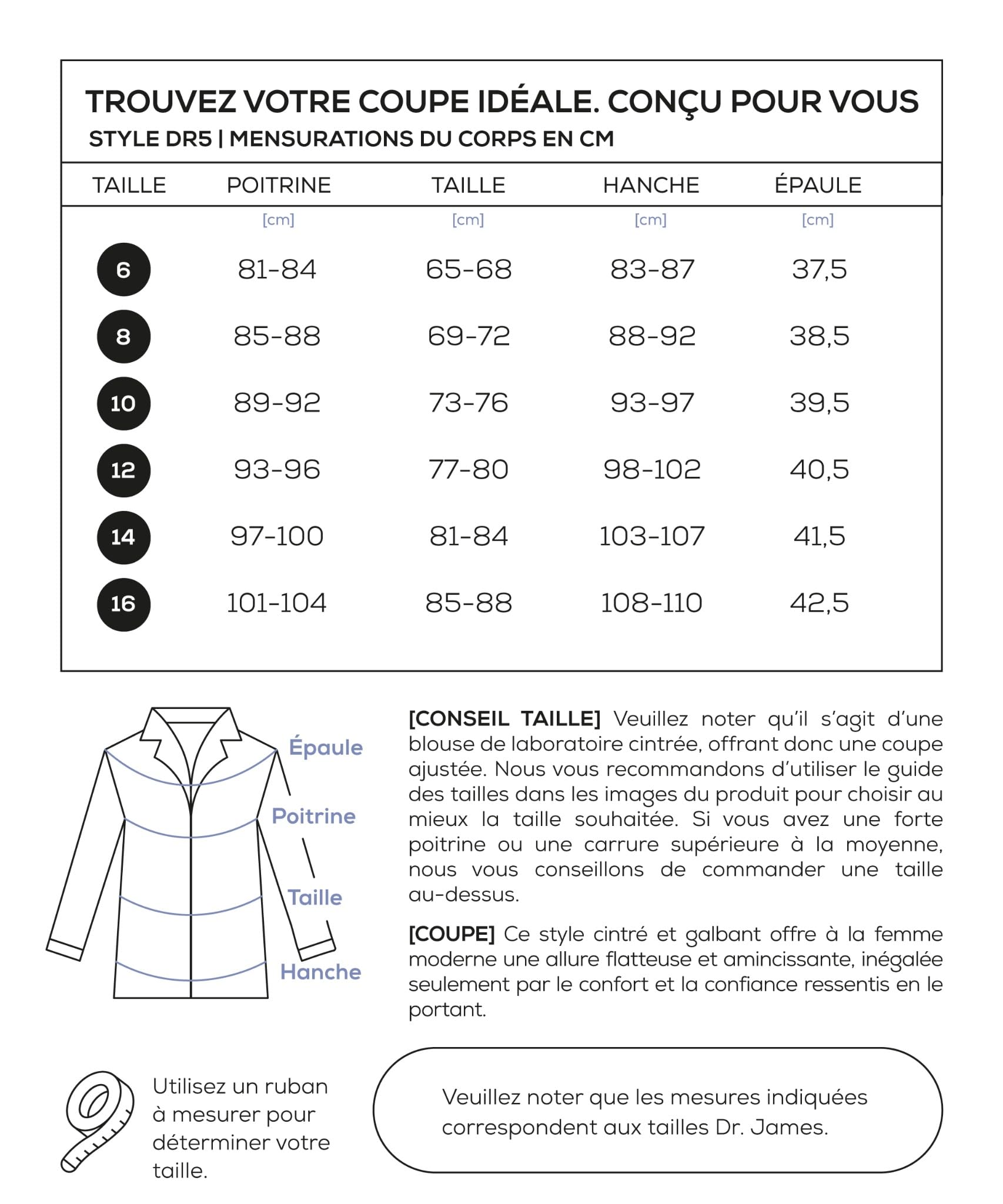 Dr. James Blouse Blanche de Laboratoire Femme Premium, Coupe Cintrée Slim Fit, Fermeture à Pressions Cachées, 2 Poches Hanches, Longueur 84 cm (33"), Tissu Certifié OEKO-TEX®