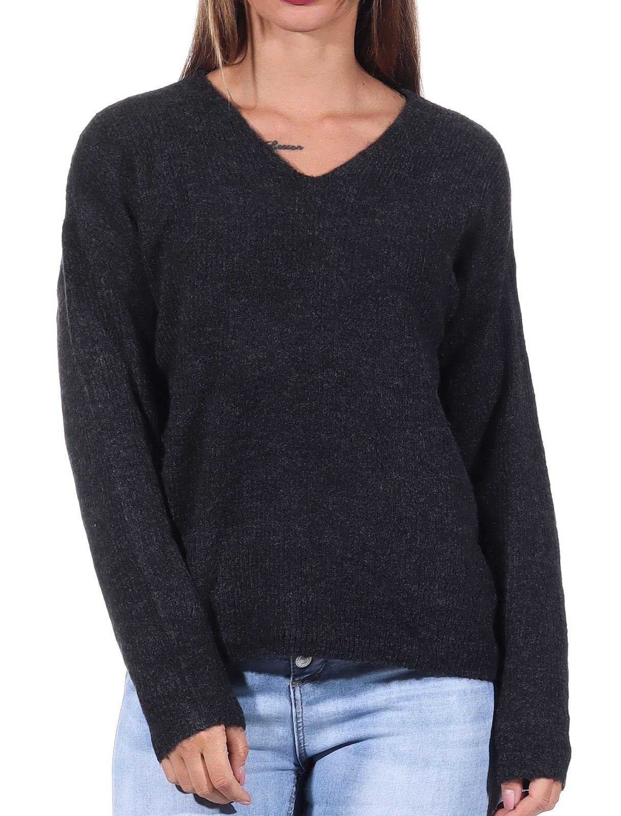 ONLY Women's Onlcamilla V-neck L/S Pullover Knt Noos Sweater, Dark Grey Mel, S UK