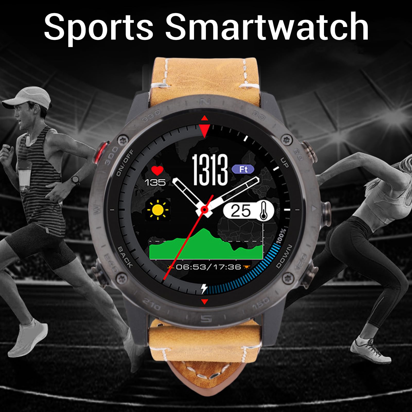 Smartwatch da Uomo Impermeabile da 1,3 Pollici Rotondo Fitness Tracker per Immersione per Nuoto e Corsa in Lega di Silicone Ti