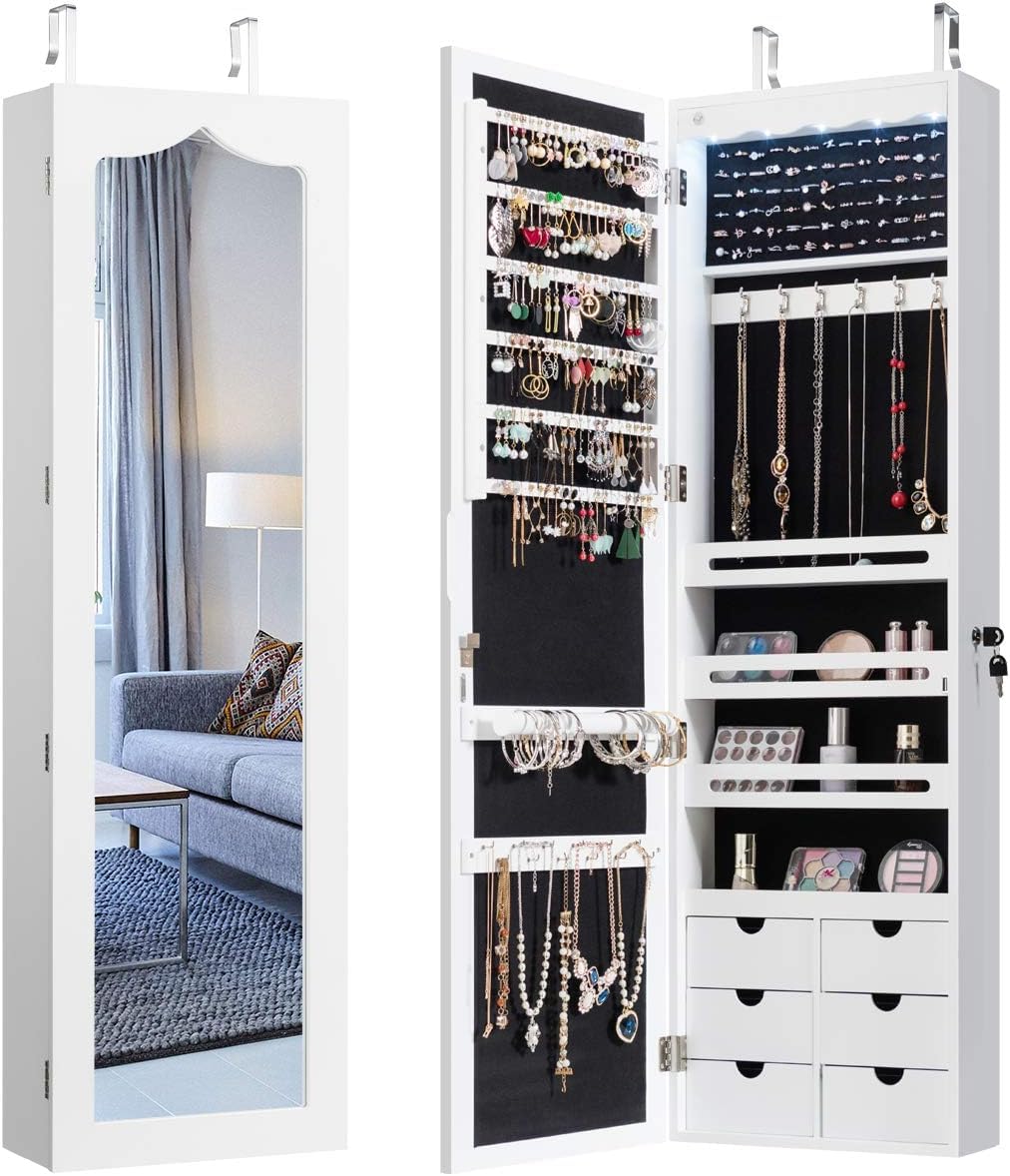 GIANTEX GIANTEX Armario de Joyas con Espejo de Cuerpo Entero, Armario Joyero con Cerradura y 5 LED, Montado en la Pared o en la Puerta, 36,5x11,5x120cm, para Pendientes, Anillos, Collares y Pulseras, Blanco