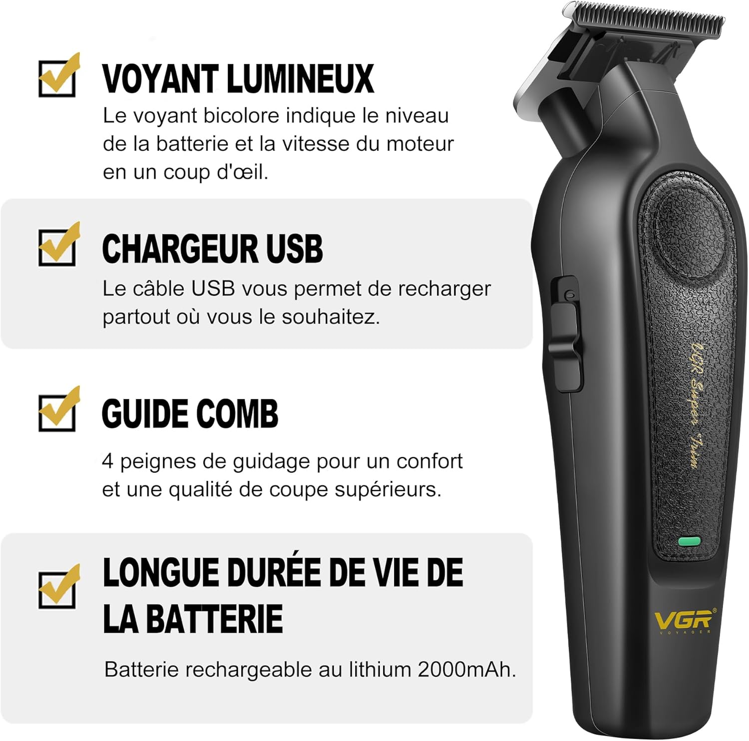 Image showing light indicator, USB charger, guide comb, and battery life features