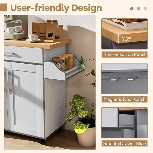 Miniatura 5 de COSTWAY Isla de cocina sobre ruedas, carrito de almacenamiento rodante con gabinete grande, cajón, estante de especias y toallero, utilidad de