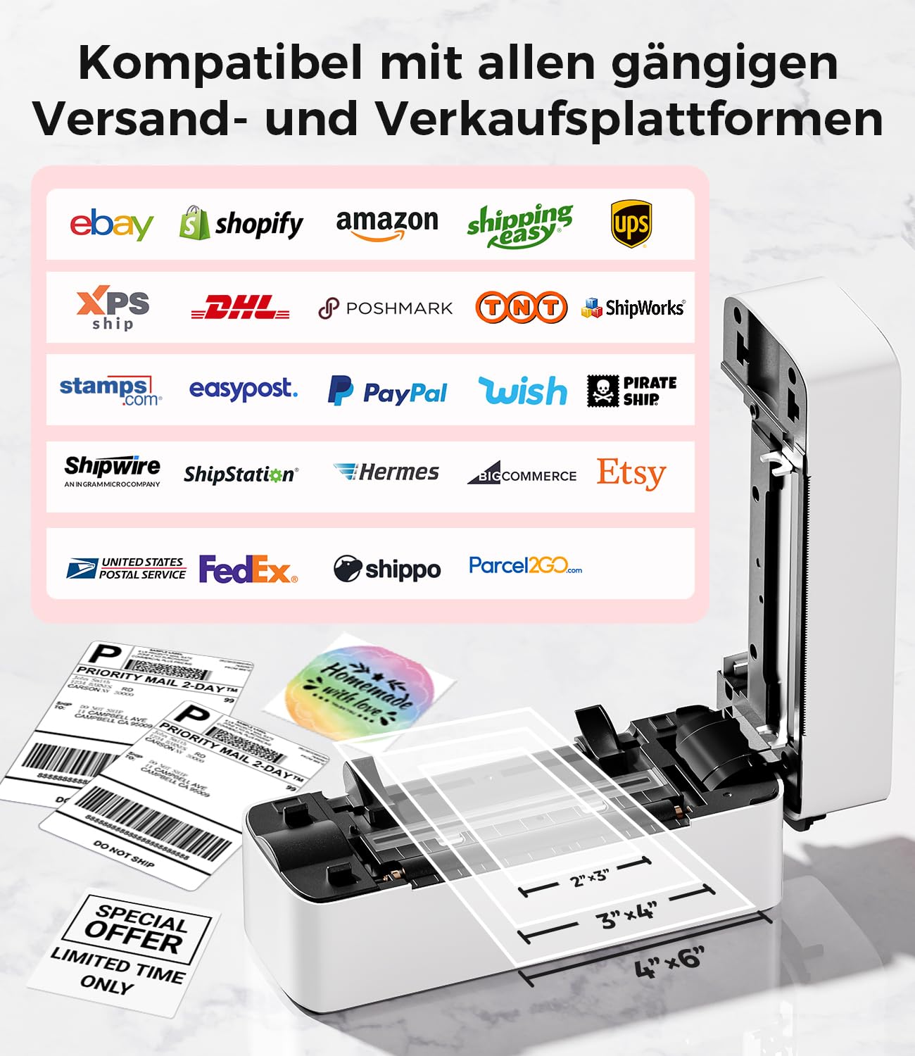 Phomemo Bluetooth Etikettendrucker mit 100 transparenten Etiketten Bundle, 4x6 Versandetiketten Drucker unterstützt DHL, DPD, UPS, Thermodrucker für E-Commerce & Kleinunternehmen, iOS & Android