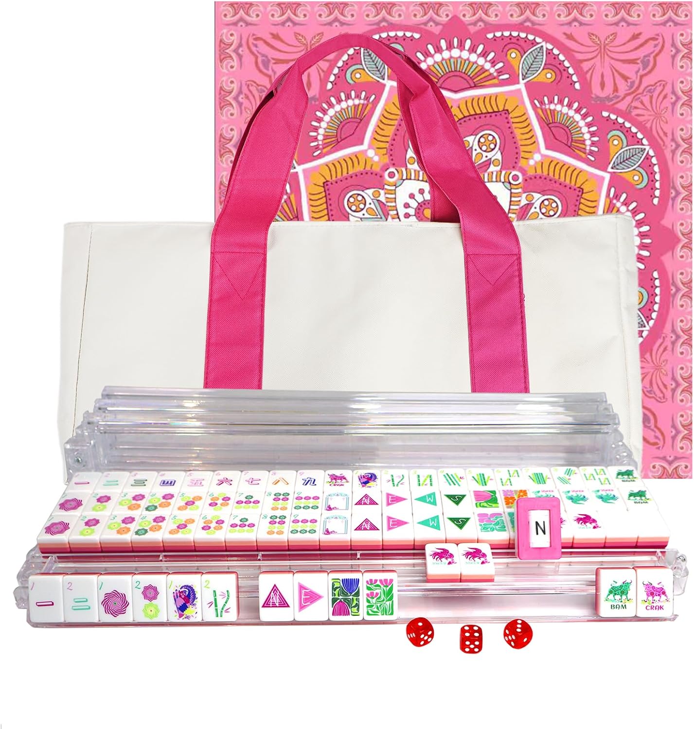 American Mahjong Game Set, Portable Carrying Bag,Acrylic 160 Tiles,Western Mahjong Tiles Set,Complete Ma Jong Set (Red)