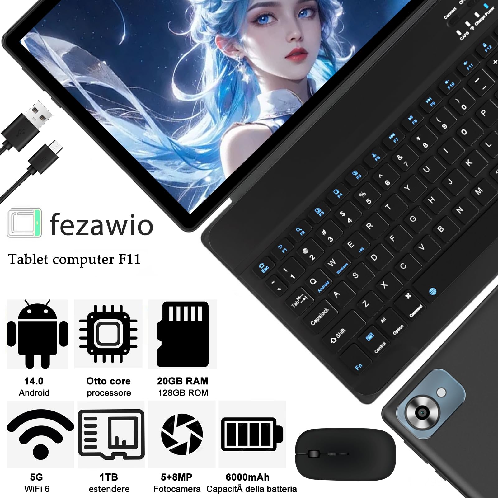 fezawio Android 14 tablet 10 pollici 20GB RAM + 128 GB ROM, otto core tablet WiFi 6, 6000mAh, (1TB TF) con tastiera e mouse + assicurazione di rottura dello schermo di un anno -(nero)