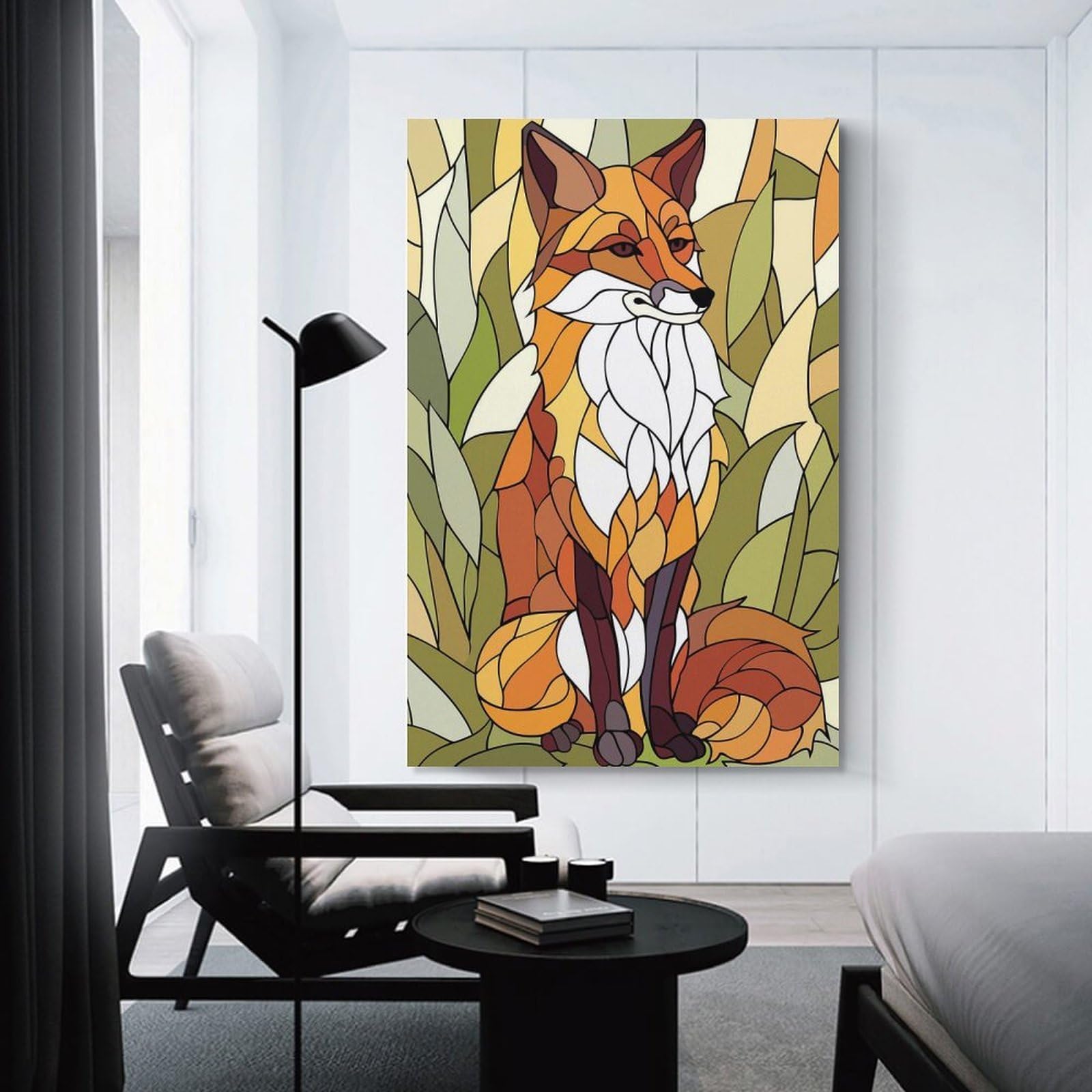 Junmoney Stained Glass Fox in Nature Wall Picture Print 24x36inch(60x90cm), for Bedroom Decor, Cosy Corners Or Studios, Home Artwork with A Soft Interior Feel
