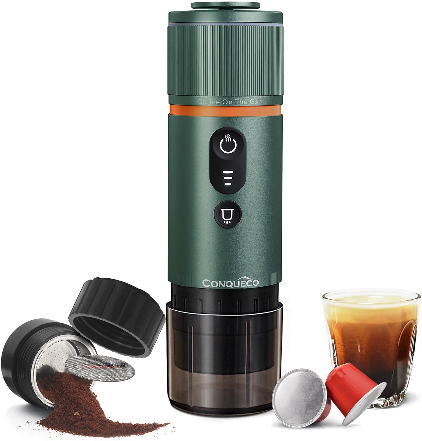 CONQUECO Macchina da Caffè Espresso Portatile - Auto chauffage Caffettiera Elettrica da Viaggio con Batteria - per 12V Auto e Camion e Campeggio - compatible avec Café Moulu et Capsule NS