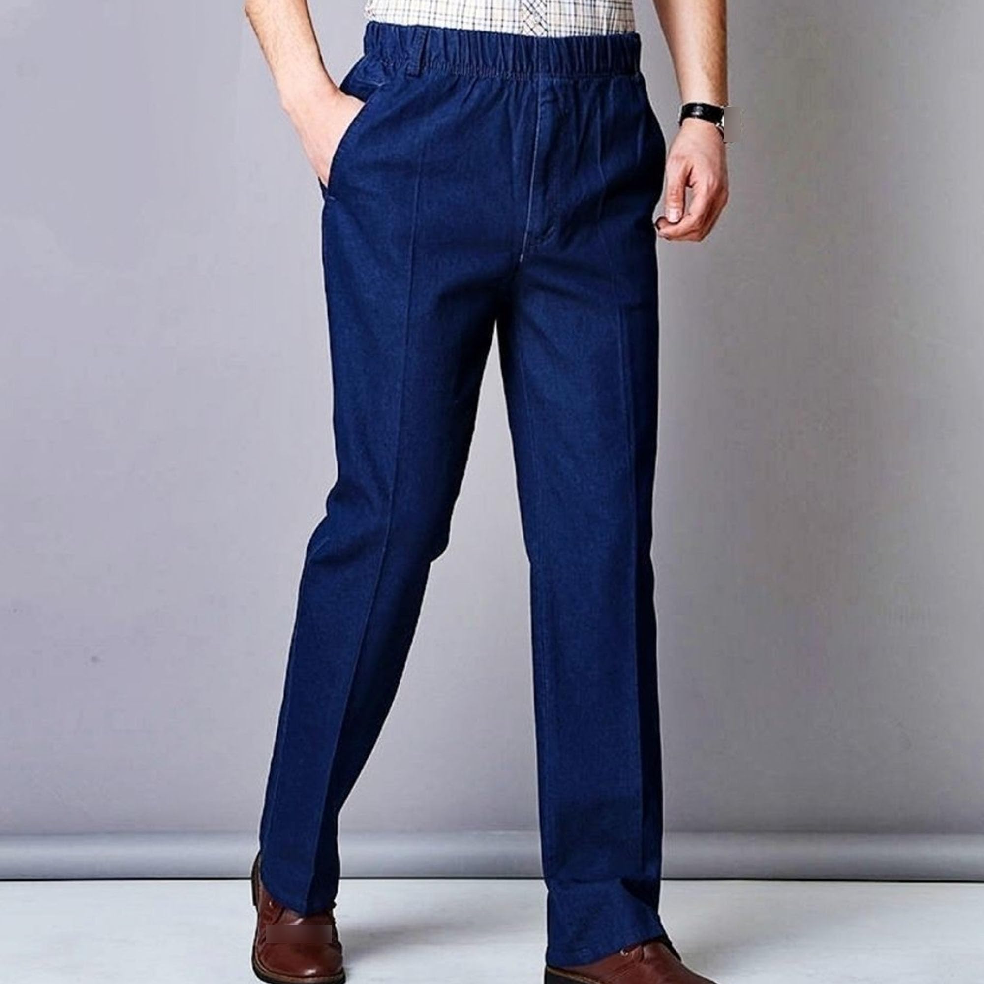 Men's Big Tall Loose Stretch Continuous Jeans Relaxed Fit Zipper Button Denim Pant Mens High Elastic Waist Jean (Blue,Large)