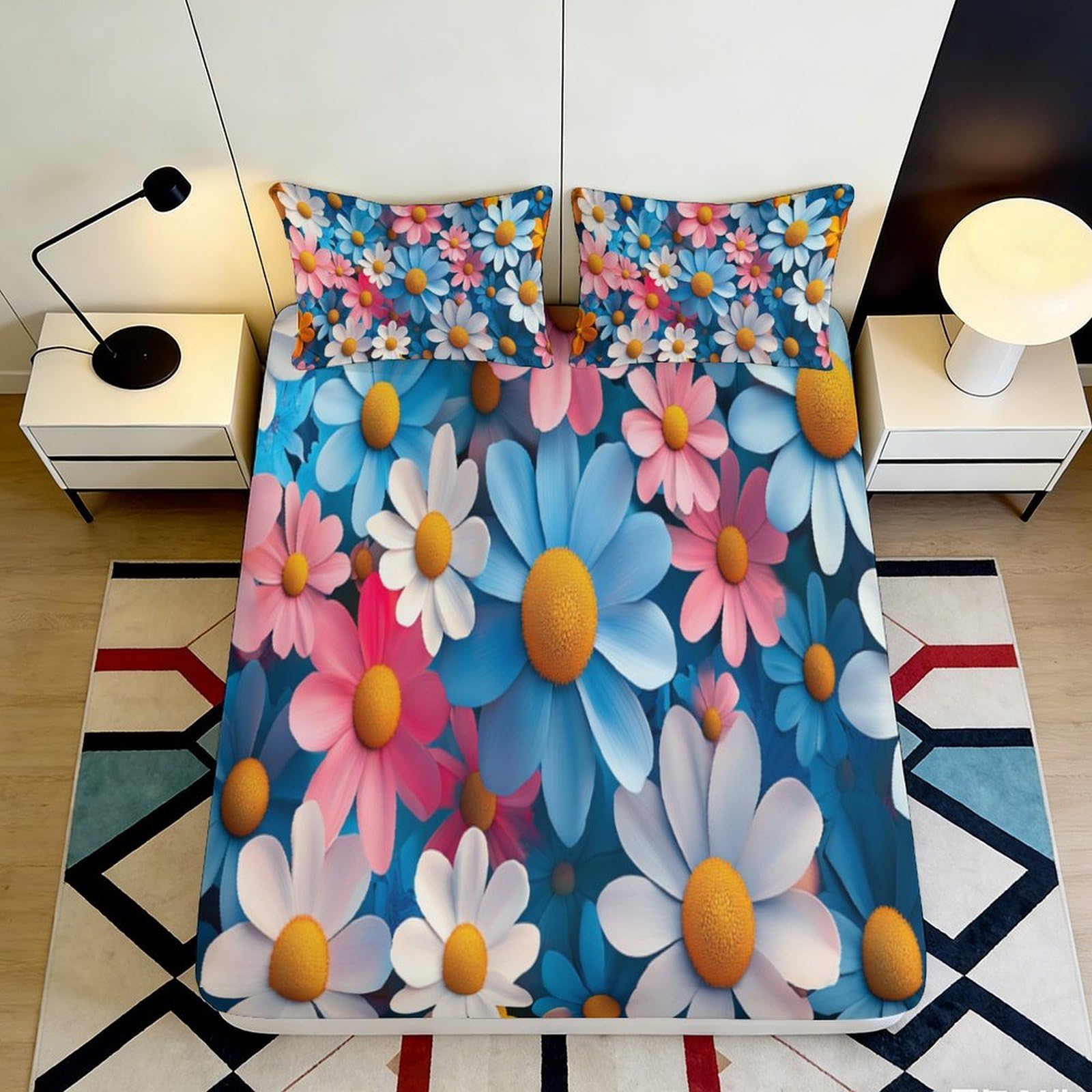 3D Printed Daisy Bloom Fitted Sheet Microfiber Vibrant Floral Mattress Cover for Bedroom Dorm Easy Care 90x200x25cm