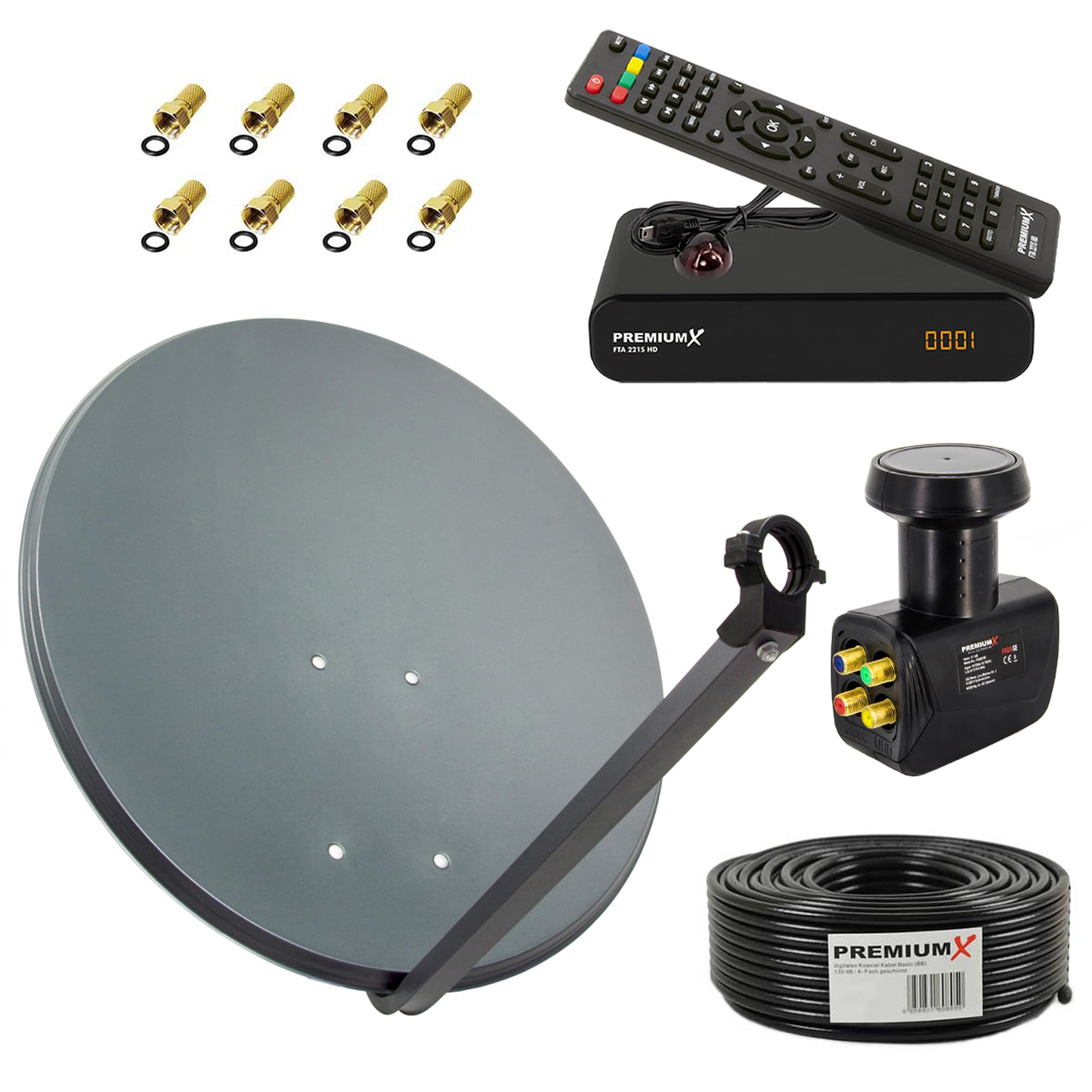 PremiumX Satelliten-Komplettanlage 60cm Satellitenschüssel Anthrazit Quad LNB 50m Antennen-Kabel SAT TV Receiver FullHD