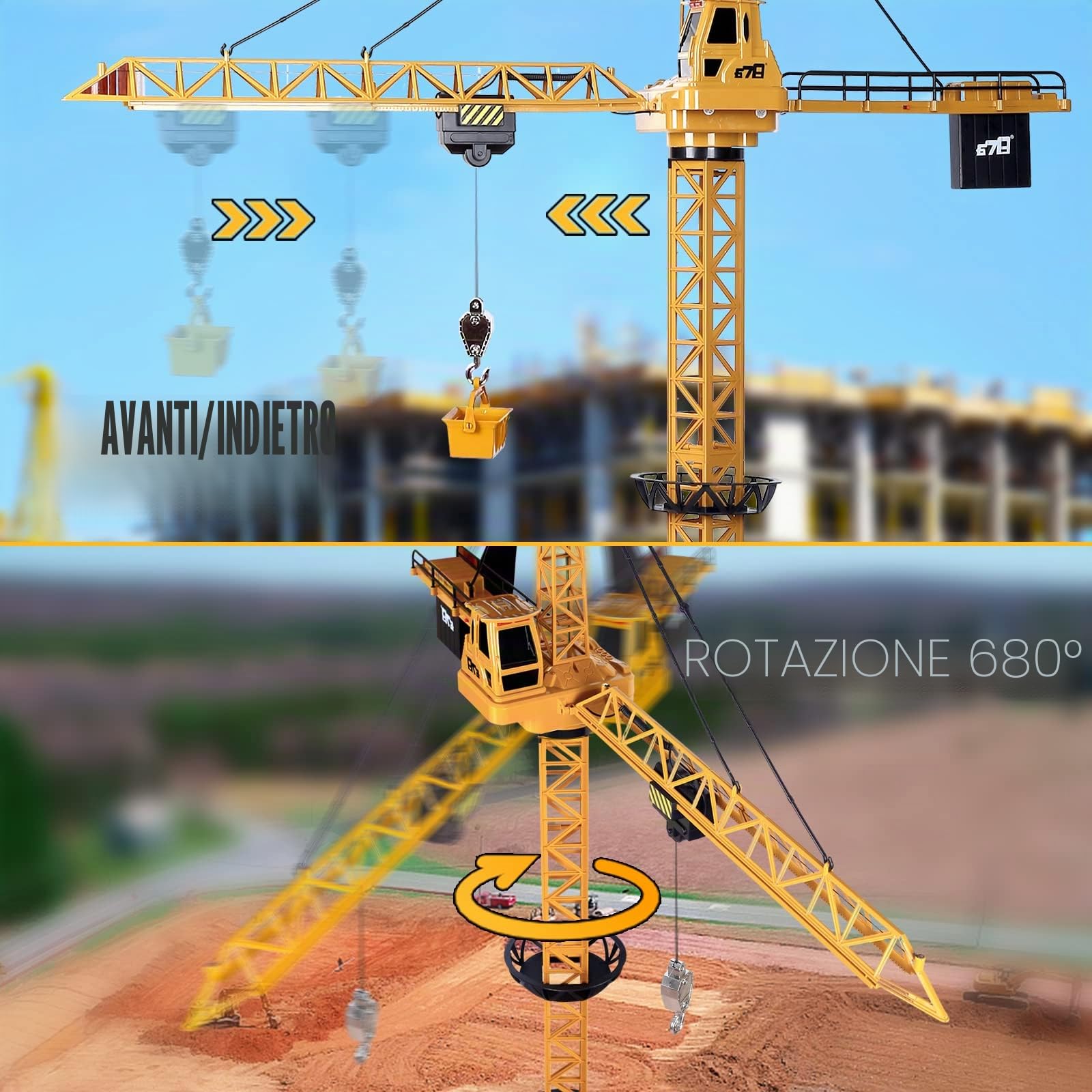 deAO Gru a Torre di Costruzione Telecomandata, Grande RC Gru 128 cm, 6 Canali di Radiocomando, Giocattolo Modello da Costruzione con Luci, Orientabile a 680° Rotazione, Regalo per Ragazzi