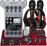 Zoom PodTrak P4 Gravador de Podcast Multitrack portátil, interface de áudio com 4 entradas de microfone, 4 saídas de fone de ouvido + microfone portátil, filtro pop, fone de ouvido com microfone