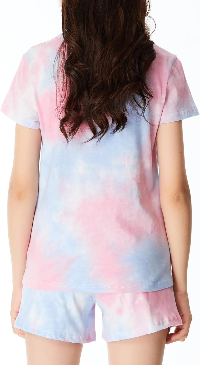 Beezizac Tie Dye Pajamas for Girls - 100% Cotton Glitter Butterfly Cat Summer Short Sleeve PJ Set Tween Clothes Size 4T - 18 - Image 4