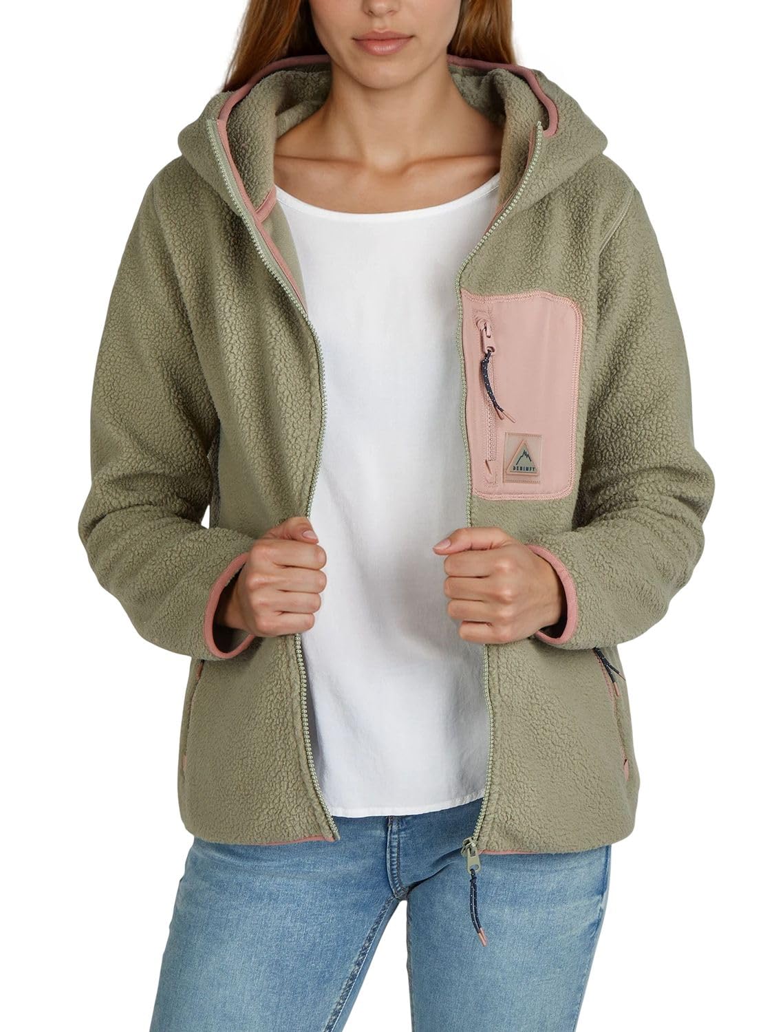 DENIMFY Fleecejacke Damen Regular Fit DFLea Teddyfleece Kapuzenjacke Winterjacke Übergangsjacke Stehkragen Navy Blau Beige Grün S M L XL XXL 3XL