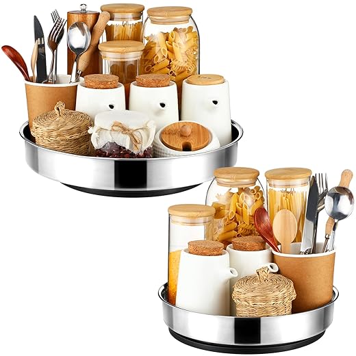 Sliner 2 Pcs Lazy Susan Organizer Stainless Steel 12" and 10" Spice Rack Spinning Turntable Rotating Shelf Storage Containers for Kitchen Cabinet Countertop
