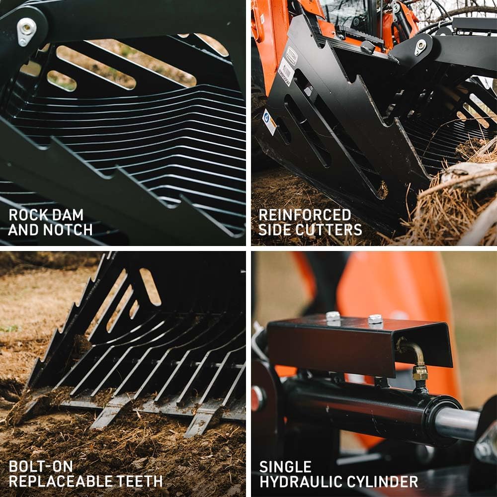 Titan Attachments 60" Fine Grade Skeleton Rock Grapple Rake with Teeth, Universal SSQA, Reinforced Side Cutters, Replaceable Teeth, Open-Tined Bottom for Sifting Soil, Sand, and Rocks