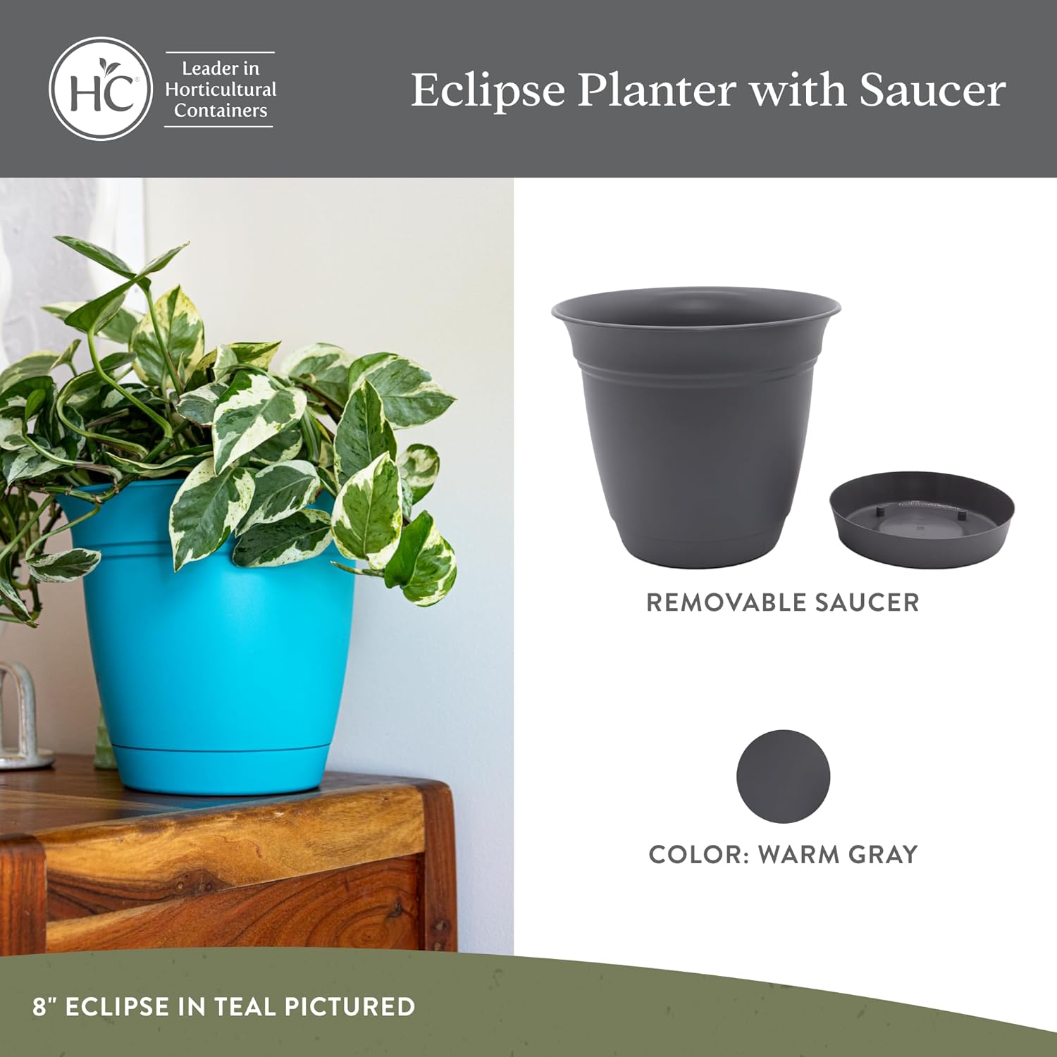 The HC Companies 8 Inch Eclipse Round Planter Pots with Drainage Holes & Attached Saucer, Lightweight UV-Resistant Plastic Indoor Outdoor Planters, 4-Pack Flower Pots for Garden Home Decor, Warm Gray