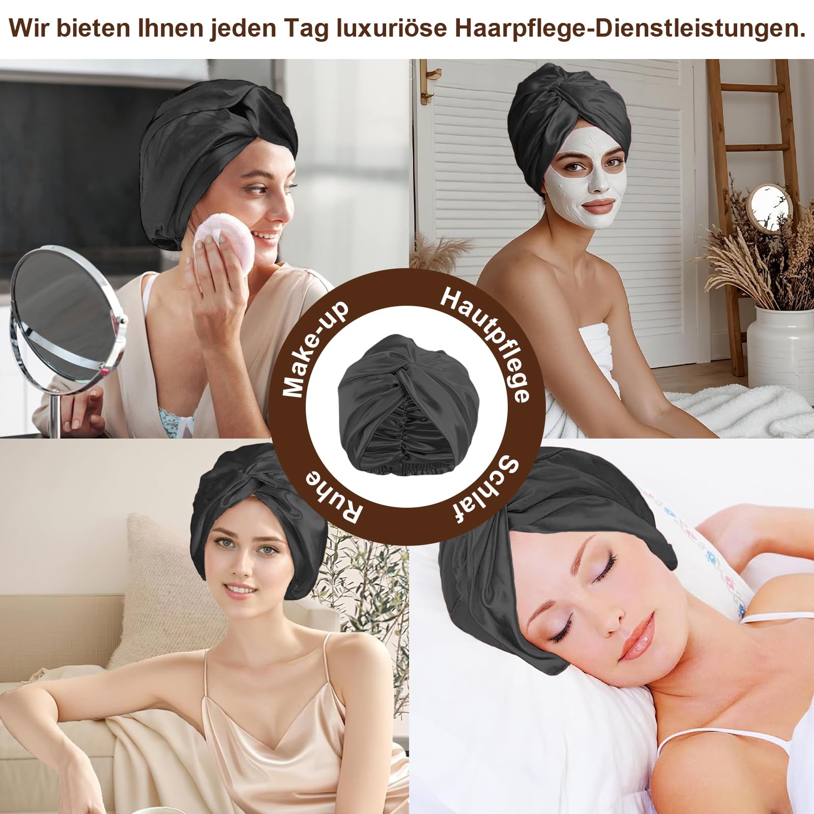 Seidenhaube zum Schlafen für gesunde Haare & lange Haare | Schlafhaube Seide verhindert Frizz, Haarbruch & Spliss | Silk Bonnet für Damen mit Locken & Haarhaube für die Nacht (Schwarz) - 3
