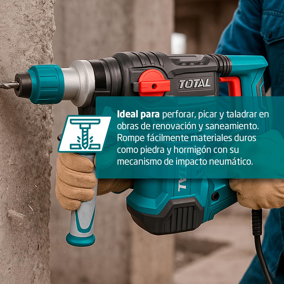 TOTAL - Martillo Combinado SDS Plus 1500W - 5.5J Alta potencia - Incluye set brocas y cinceles - Maletín incluido - TH1153216