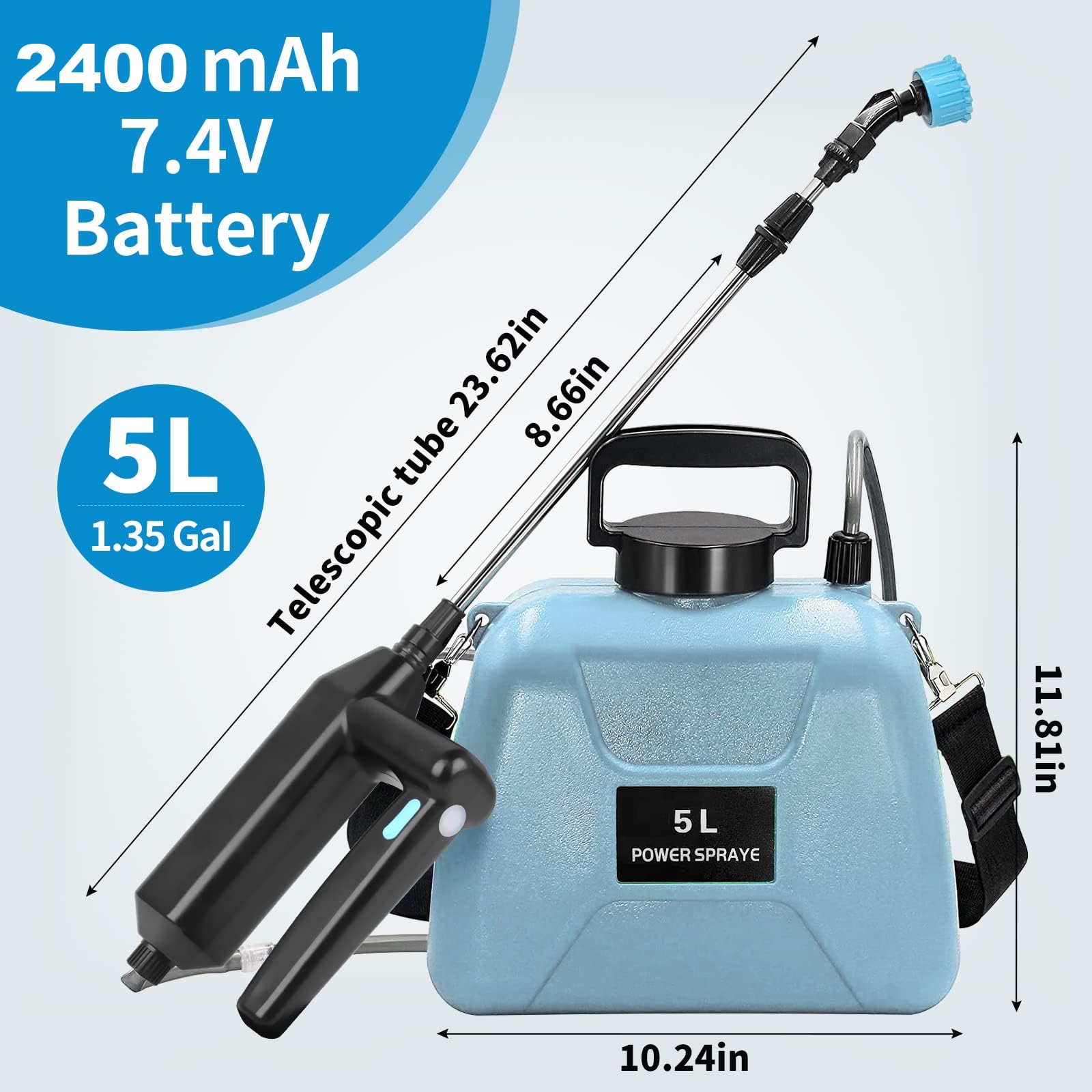 Pompa Irroratrice a Batteria 5Litri, 7.4V/2.4Ah Spruzzatore a Pressione Elettrico, Nebulizzatore Piante con 3 Ugelli Multifunzionale, Spruzzino Nebulizzatore Acqua Retrattile per Irrigazione