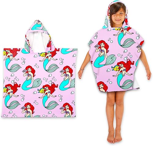 Miniatura 3 de Disney Juego de toallas con capucha de La Sirenita para niños y niñas, paquete de poncho de toalla de baño de La Sirenita con calcomanías y más |