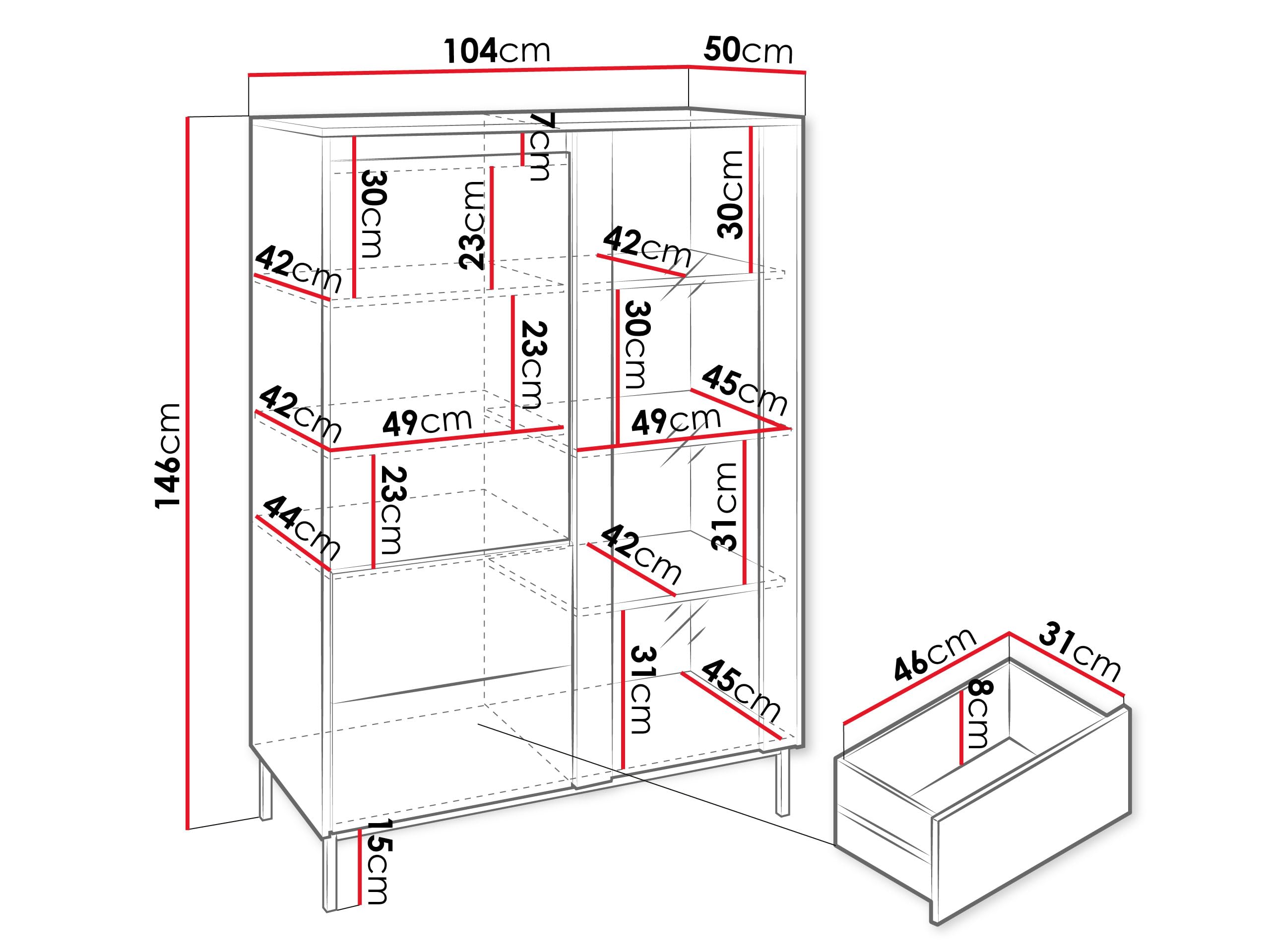 Mirjan24 Standvitrine Ozmi 2D2S, Vitrine mit 2 Türen und 2 Schubladen, innen 7 Fächer, Metallfüße, Push to Open, geriffelte Fronten, Vitrinenschrank für Wohnzimmer (Weiß)