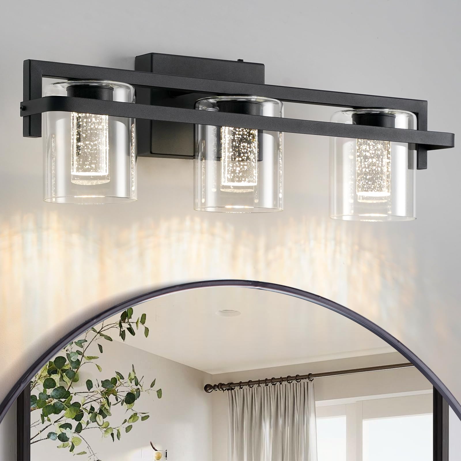 OKELI 3-Light Bathroom Light Fixtures,Crystal Sand Black Bathroom Lighting Fixtures Over Mirror with Glass Shade,3000-6000K LED Vanity Lights Dimmable Wall Lamp for Mirror Bedroom