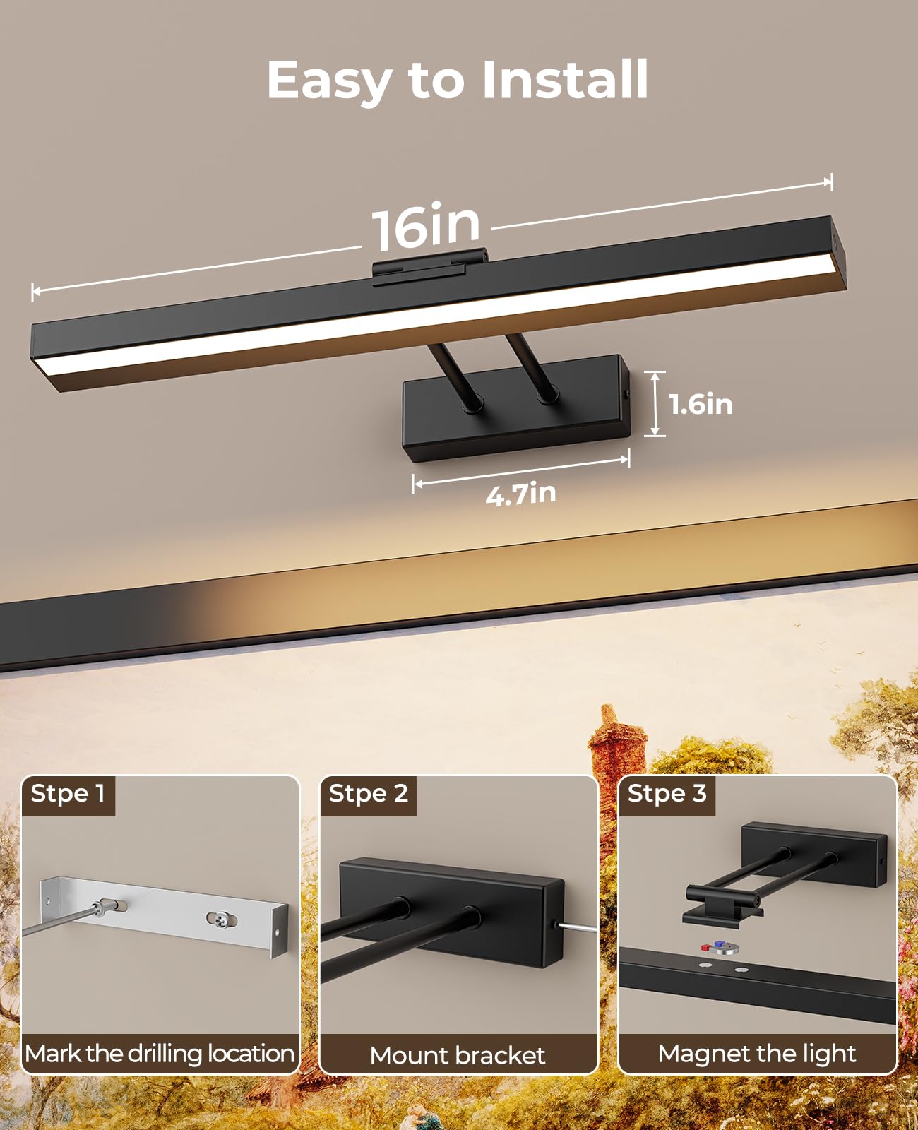 LABOREDUCER Lampe tableau sans fil rechargeable, lot de 2, noir