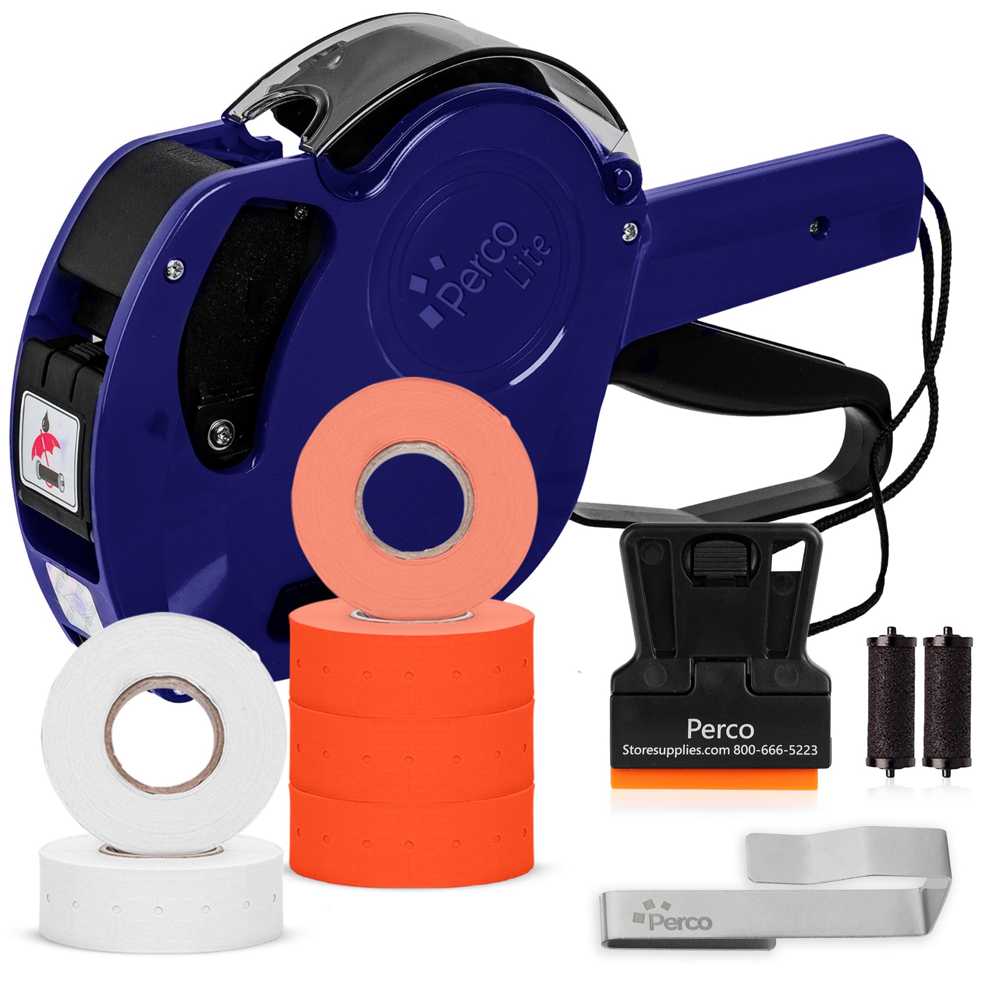 Perco Pistolet à prix Lite 1 ligne avec étiquettes – Comprend 3 rouleaux blancs, 3 rouleaux rouges fluorescents, 2 rouleaux d'encre, 1 rouleau d'encre et des étiquettes pré-chargées