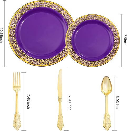 Miniatura 6 de U-QE 150 platos de plástico dorado morado con cubiertos dorados, platos de plástico dorados para fiestas y bodas, incluyen 30 platos llanos de 10.25