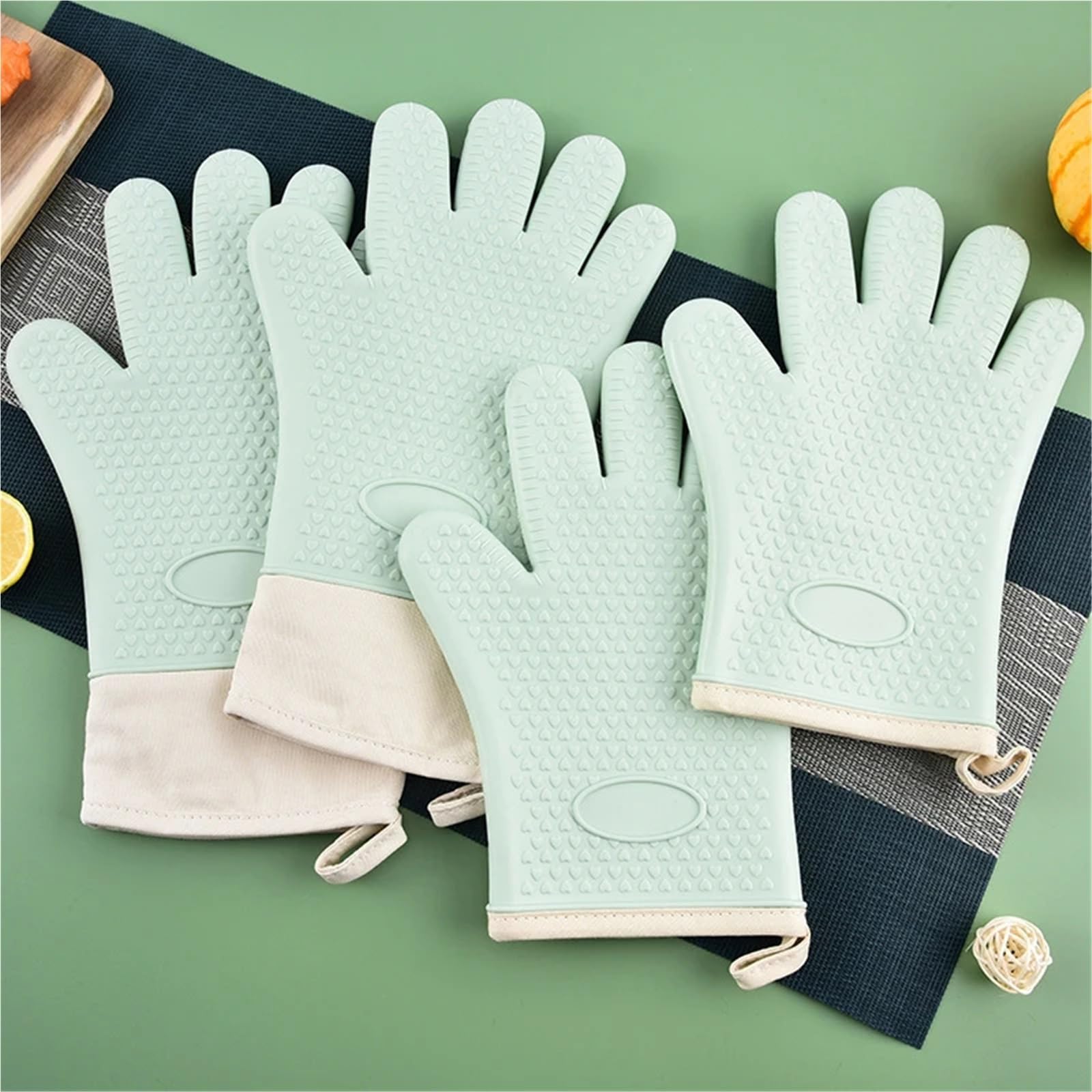 1 par de Guantes for Barbacoa Silicona Resistentes al Calor for Horno microondas Cocina for ignífugos y Antideslizantes para Barbacoa(Long Green)